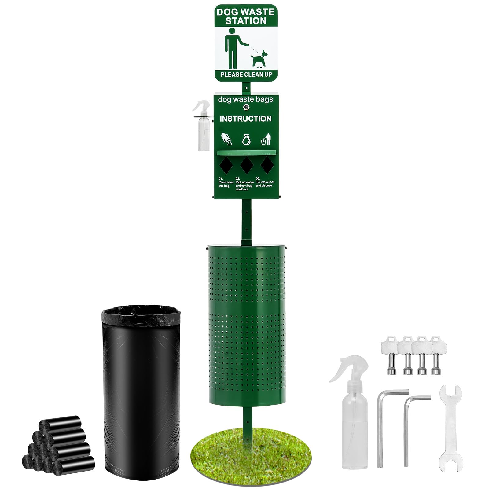VEVOR Station Collecte Déjections Canines, Bouteille Lave-​mains, Capacité Poubelle 43 L, 50 Sacs de Doublure, Distributeur de Sacs, 600 Sacs à Déchets, Élimination Crottes Canine Extérieur pour Parc