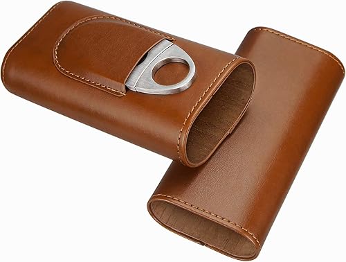 Miniatura 4 de cgaplus Caso de cigarros de cuero de 3 dedos con cortador de madera de cedro forrado humidor de cigarros portátil de viaje (marrón)