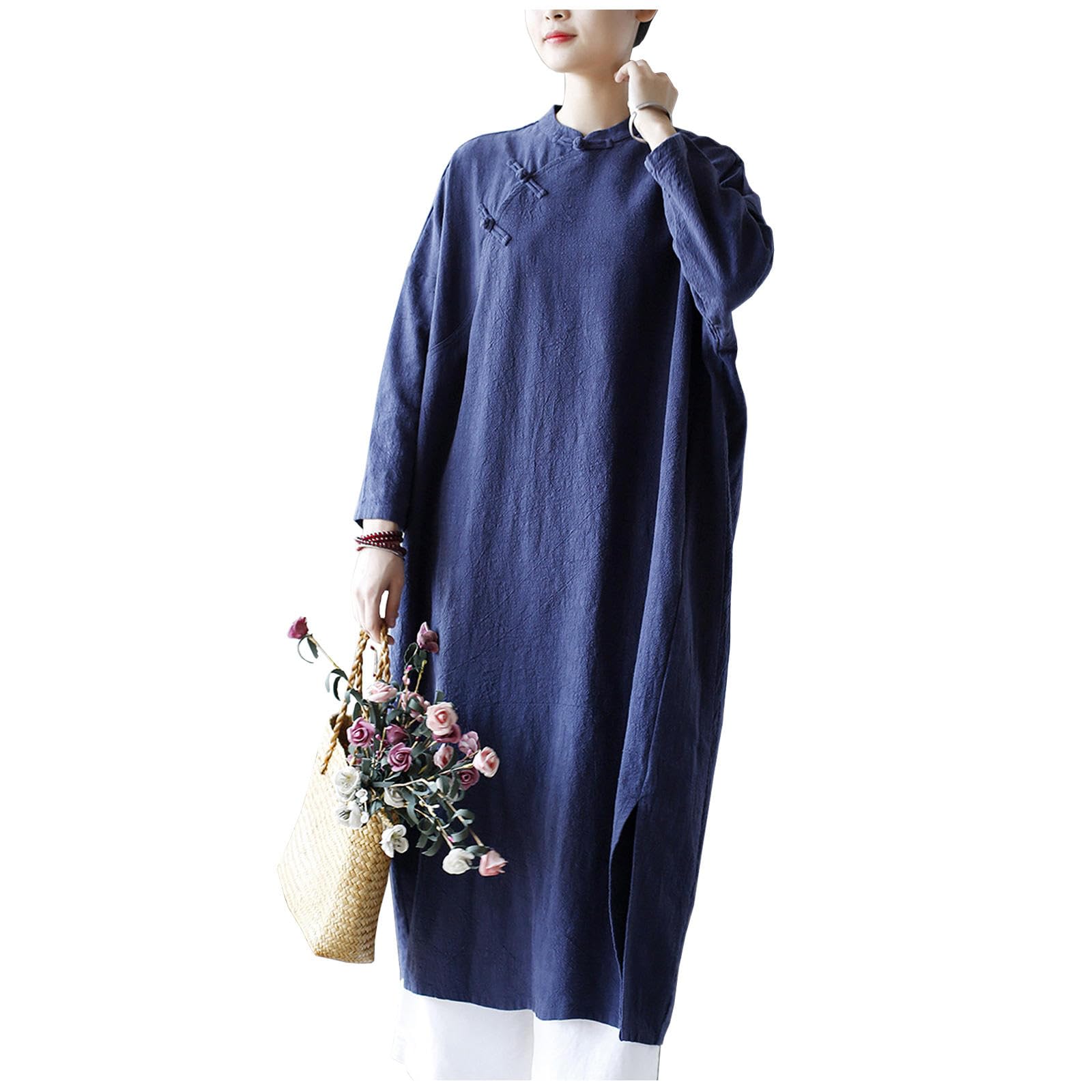 Traditionelle Chinesische Damenkleidung, Retro-Tai-Chi-Uniform, Cheongsam-Kleid mit Langen Ärmeln, Lockere Kung-Fu-Kleidung für Zen-Meditation,Blue-OneSize