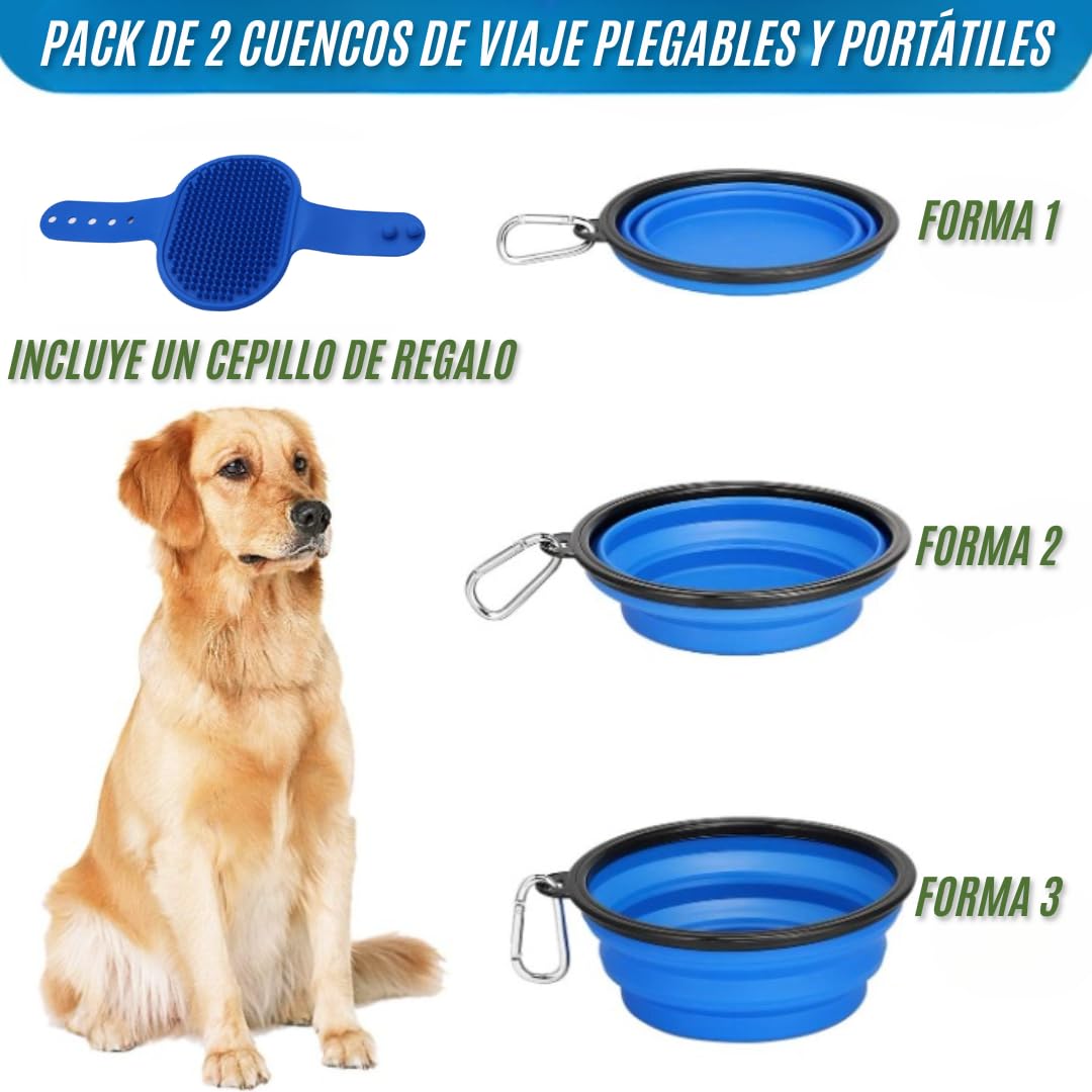 Bebedero Perro Plegable, 2 uds de Cuenco Portátil. Capacidad de 350 ml Cada uno. Incluye Cepillo para Peinar y Masajear y mosquetón para Viaje. Libre de BPA es Seguro para Perros.