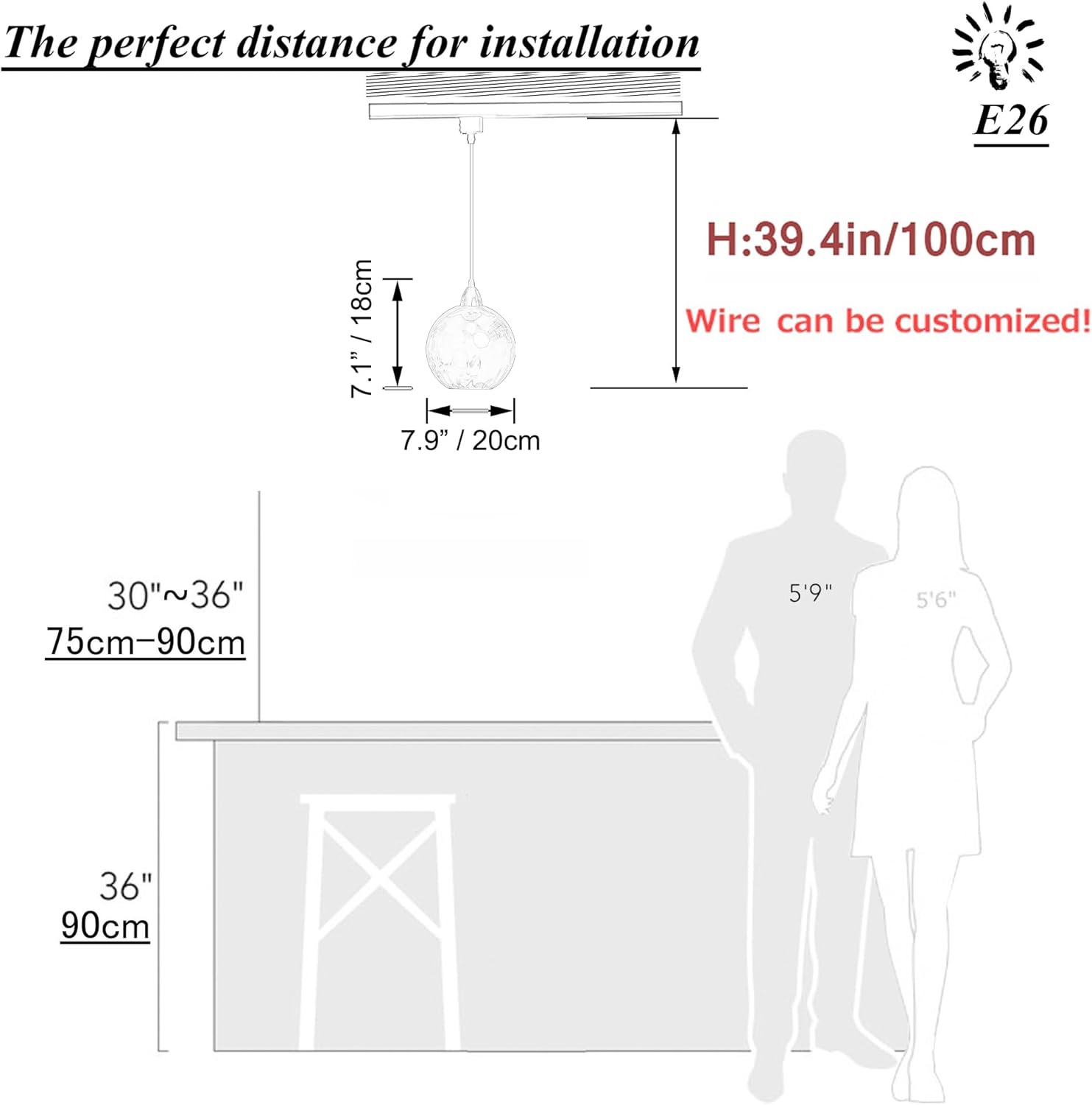 Halo Track Lighting Pendants, 3.2 Ft, Dimmable H-Type Track Mount Nordic Industrial Modern E26 Socket Water Ripple Hammered Green Glass Globe Chandeliers for Kitchen Island Customizable