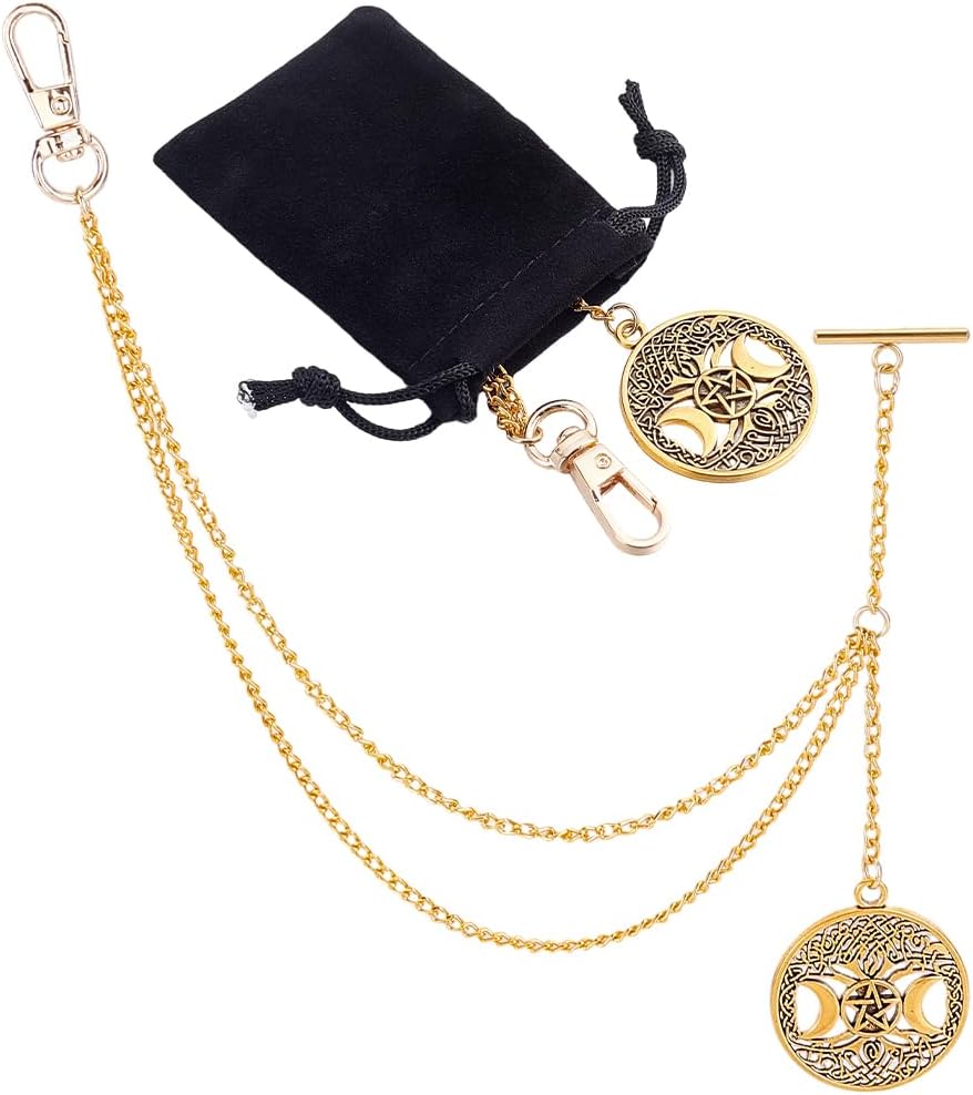 CREATCABIN 11.5in Pocket Watch Chain Golden Suit Vest Wallet Chains Brass Men Albert Vintage T-Bar Pocket Link with Flower Fob Pendant Velvet Drawstring Bags for Daily Business Wear Accessories
