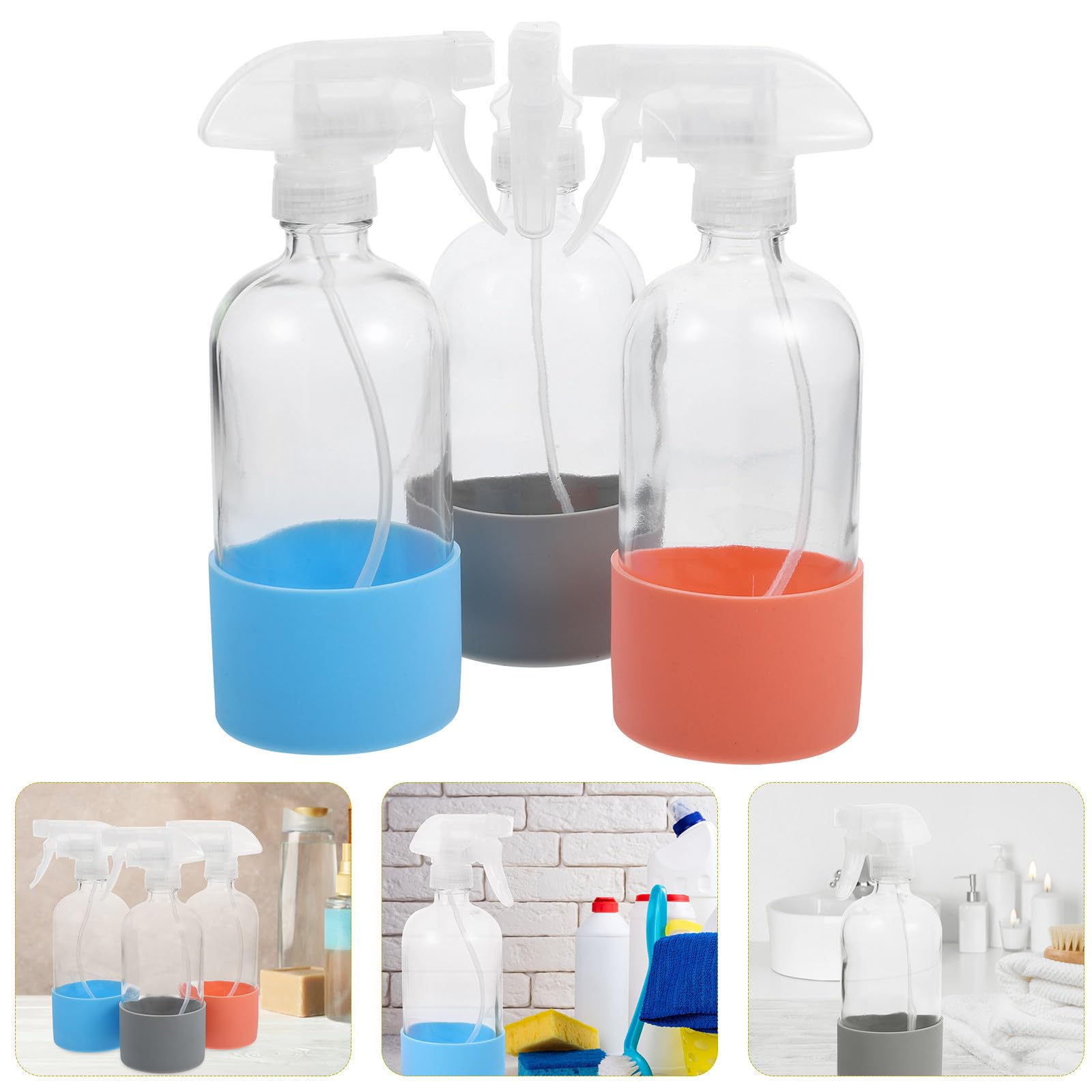 POPETPOP Lot de 3 Bouteilles Vaporisateurs en Verre 500ml avec Fond Antidérapant en Silicone, Pulvérisation Uniforme, pour Usage Domestique Fleurs et Plantes