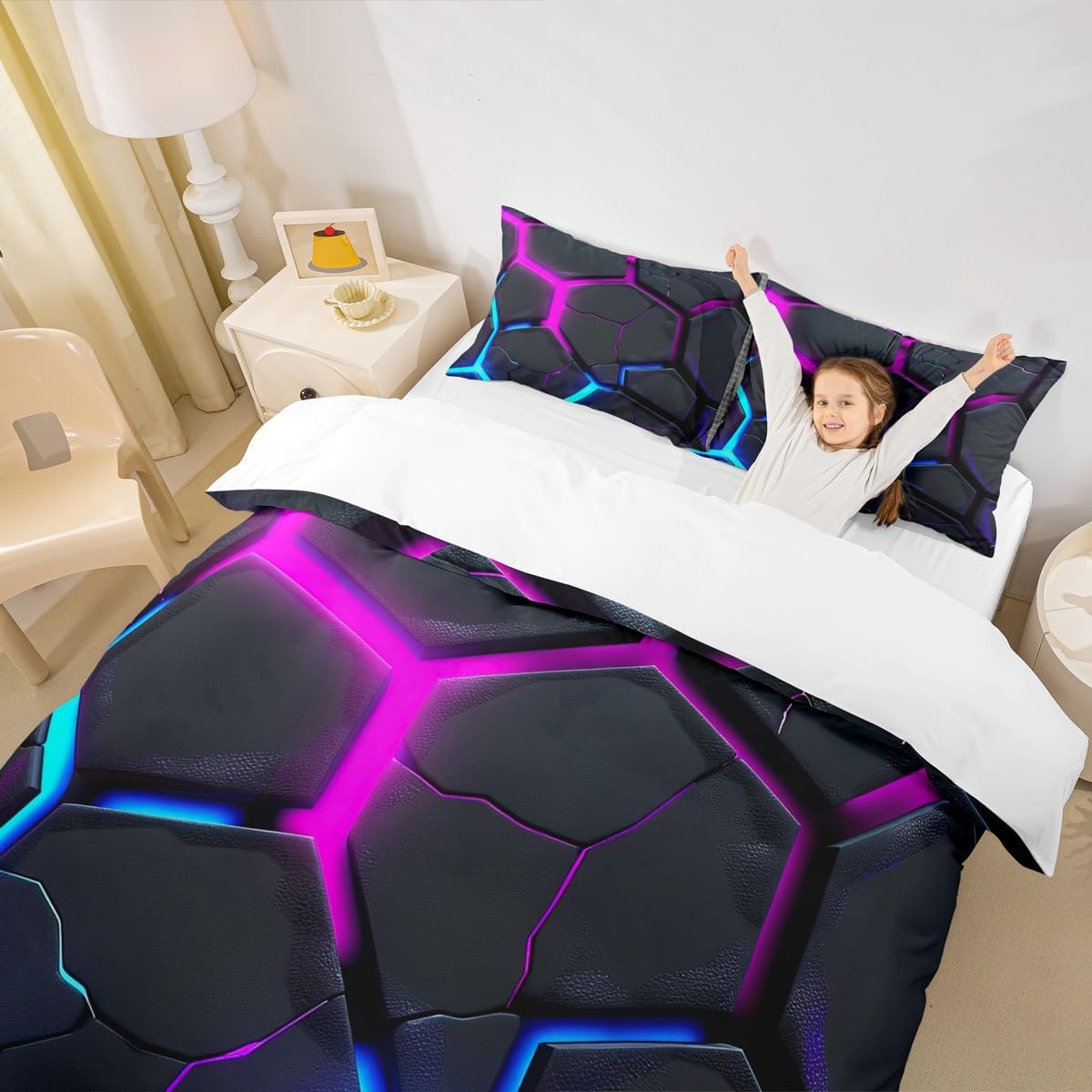 Geometric Honeycomb Duvet Cover Set Queen Size,Abstract Hexagon Modern Artwork Bedding Set for Boys Girls Men Room Decor,Neon Blue Purple Patchwork Comforter Cover,Fashion Quilt Cover,2 Pillowcases