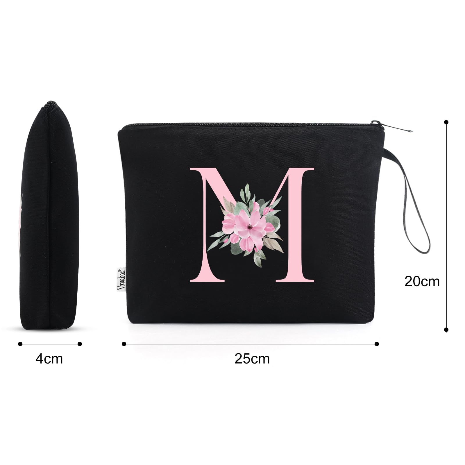 Vavabox A-Z Personalized Makeup Bag, Birthday Gifts for Women Mom, Gifts for Best Friend, Bride Bridesmaid Cosmetic bag (M, Black)