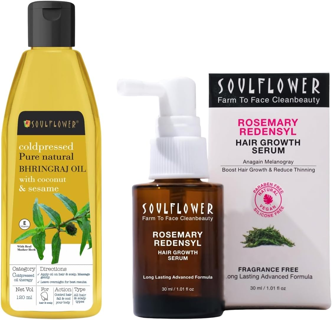 Soulflower Bhringraj Hair Oil 100% Pure & Natural| Hair Growth, Strengthening & Nourishing hair roots, Anti-Dandruff, Cooling Scalp| Coconut, Sesame| 120ml Rosemary Redensyl Hair Growth Serum