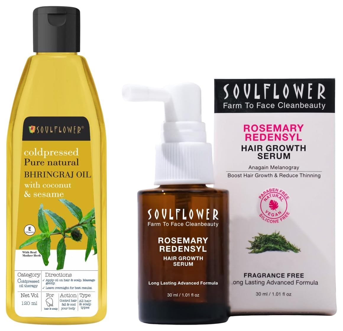 Soulflower Bhringraj Hair Oil 100% Pure & Natural| Hair Growth, Strengthening & Nourishing hair roots, Anti-Dandruff, Cooling Scalp| Coconut, Sesame| 120ml Rosemary Redensyl Hair Growth Serum