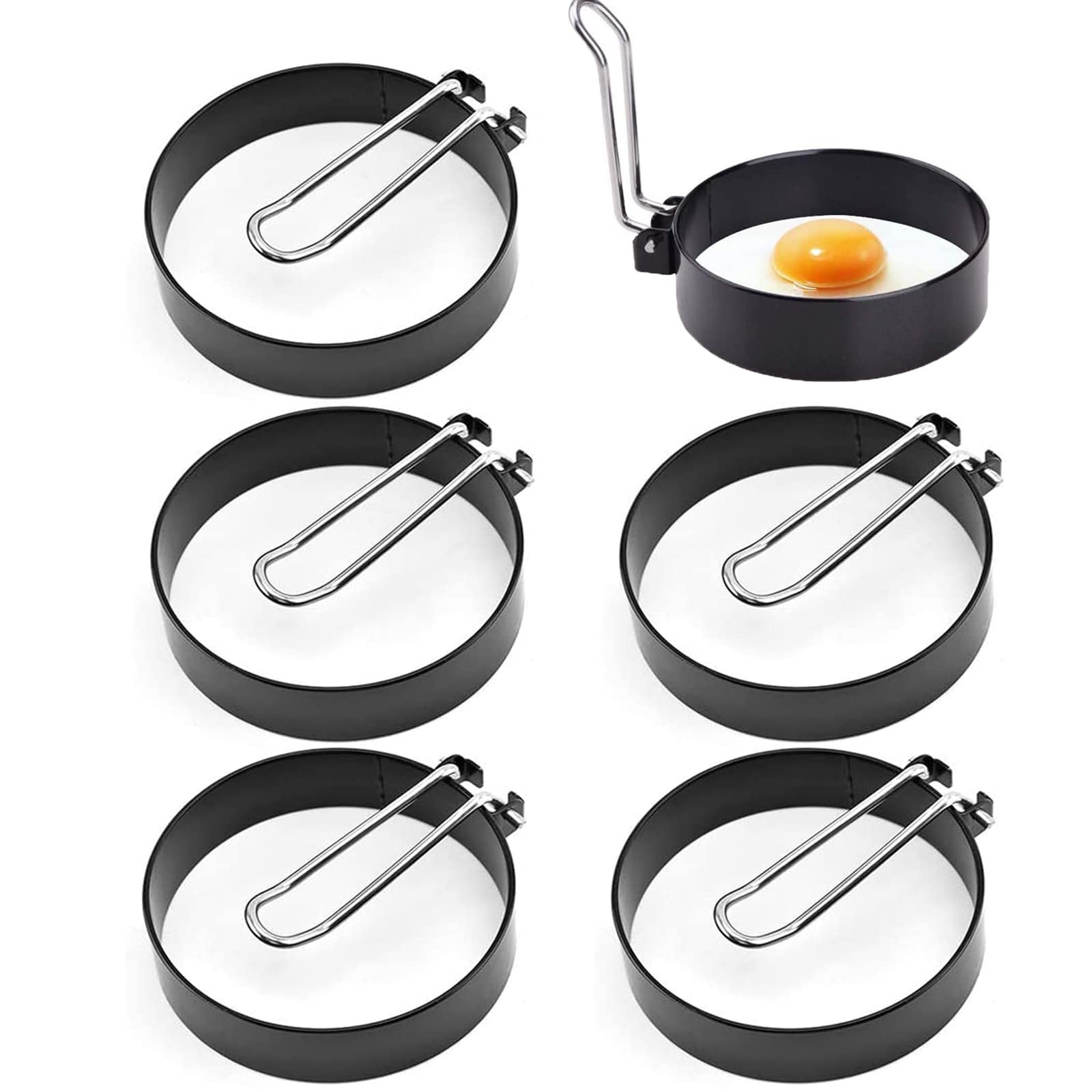 4 Anelli Per Uova Rotondi Antiaderenti In Acciaio Inox Con Manico Pieghevole: Stampi Per Pancake, Hamburger E Uova - Multicolore - 6