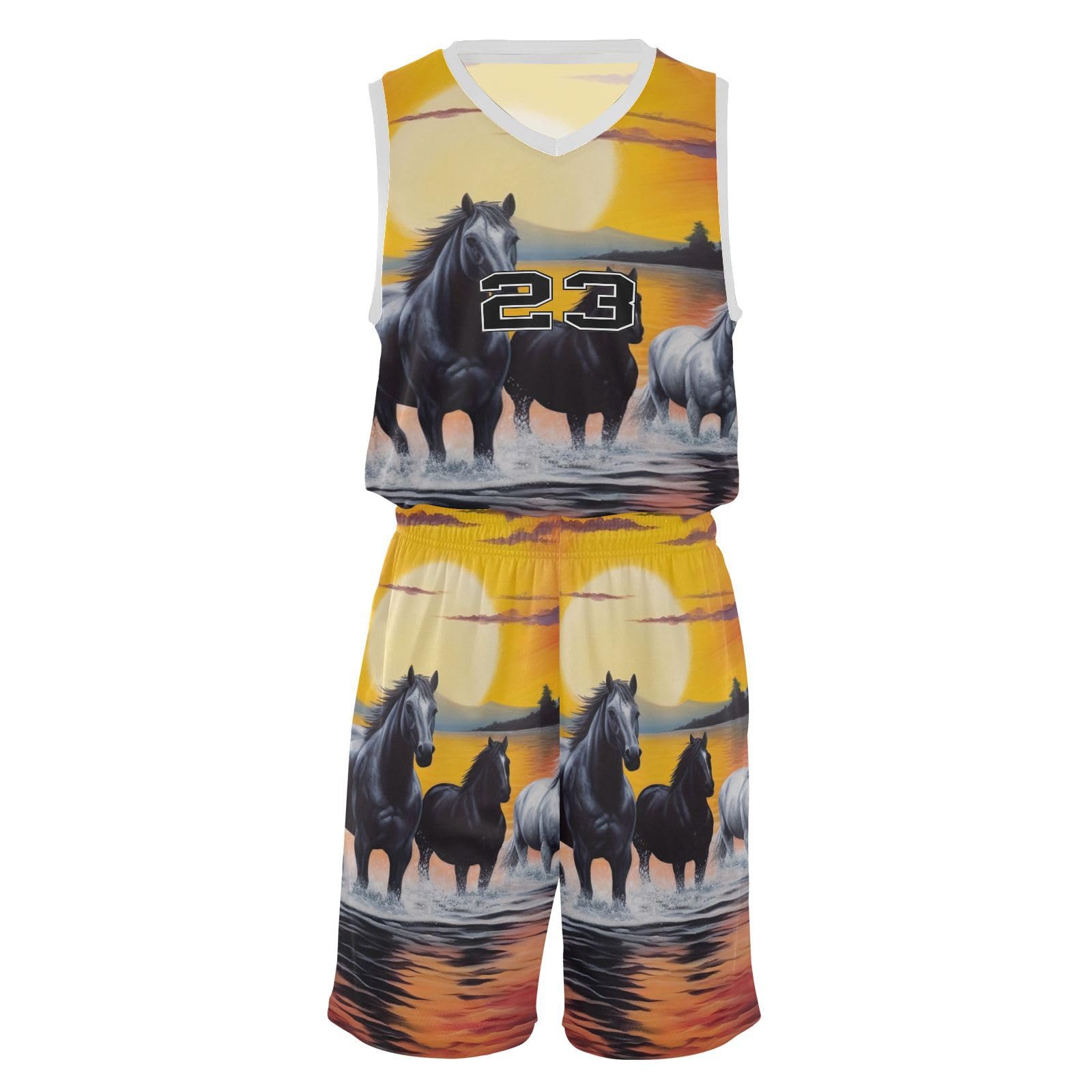 FLildon Sunset Horses Boys Basketball Jersey Set Tank Top Shorts Tracksuit Sport Training Suit for Kids, XXL