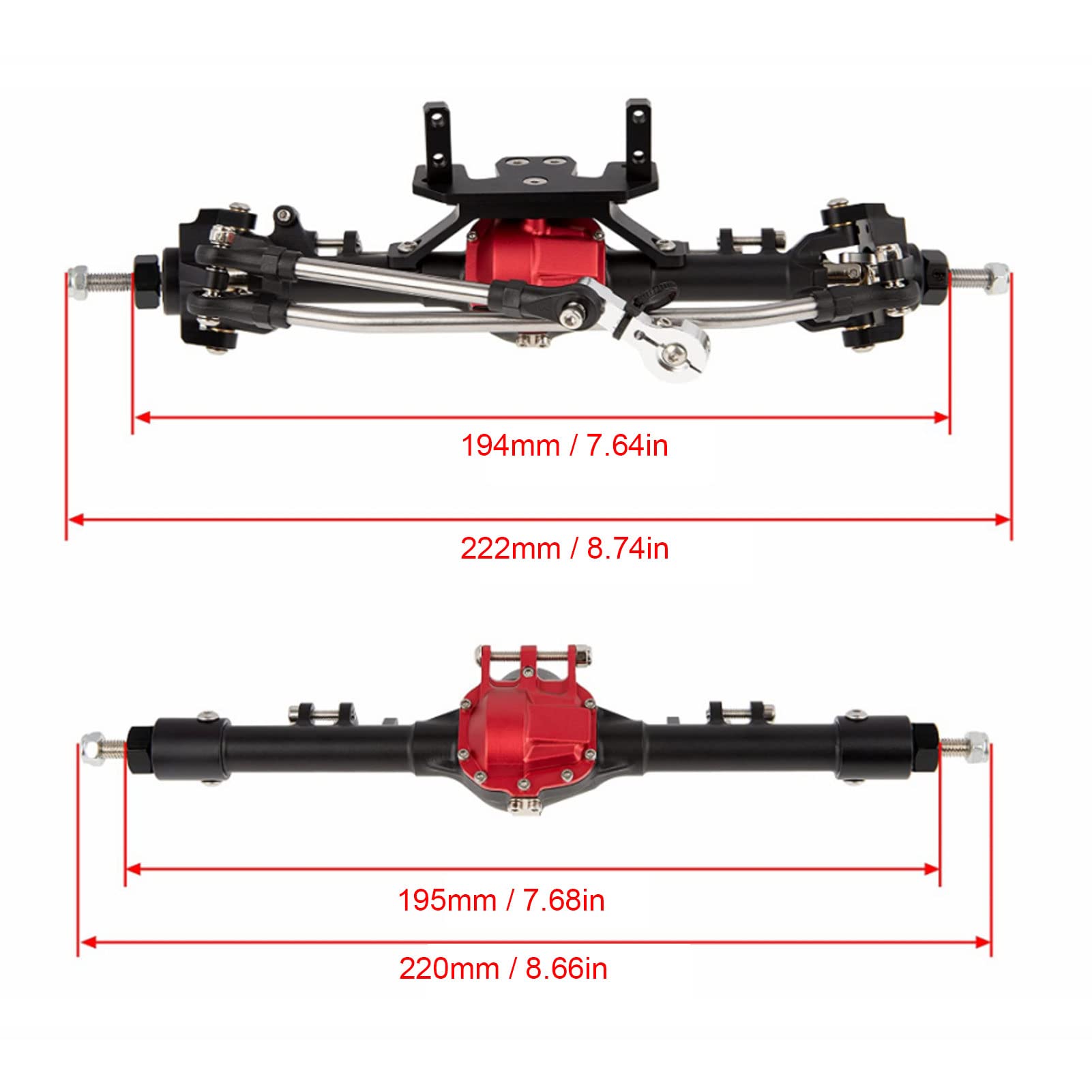 Zestaw przednich i tylnych osi RC z metalu, duży zintegrowany układ kierowniczy, oś samochodu RC do SCX10 II 90046 90047 D90 D1101/10 RC samochód gąsienicowy (czarny czerwony)