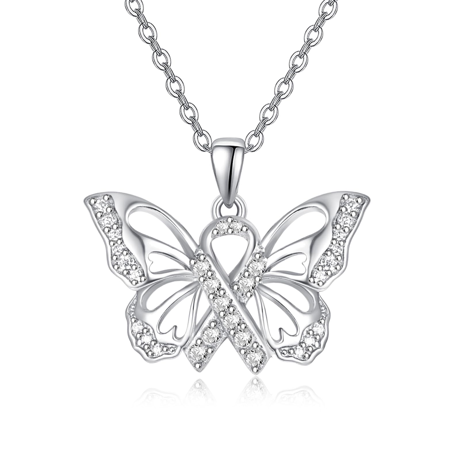 TANGPOET Cancer Miscarriage Necklace Gifts for Women 925 Sterling Silver PTSD Awareness Butterfly Pendant Necklace Jewelry Strength Inspirational