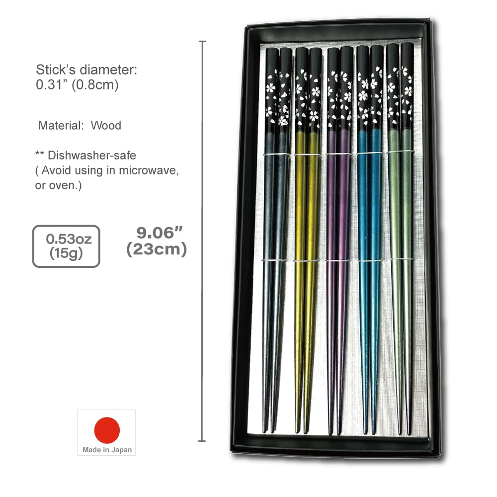 Terra Distribution Premium Japanese Chopsticks Set - 5 Pairs, Handcrafted Lacquer Art, Made In Japan (Silver Flower)
