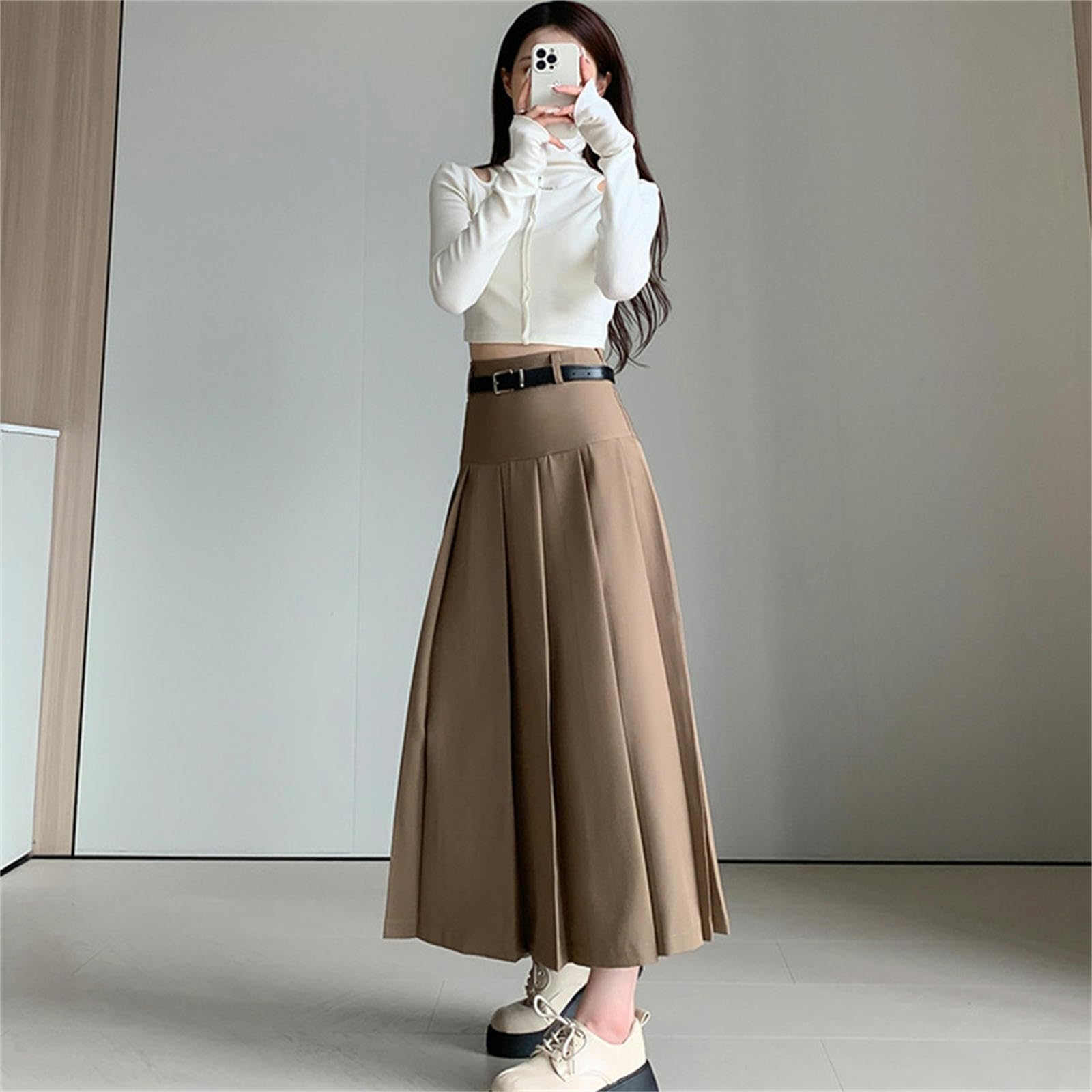 Strickrock Damen Herbst Und Winter Frauen Halbrock Vielseitiger Faltenrock Hohe Taille Große Swing A-Linie Rock Mittlere Länge Rock-grau-l