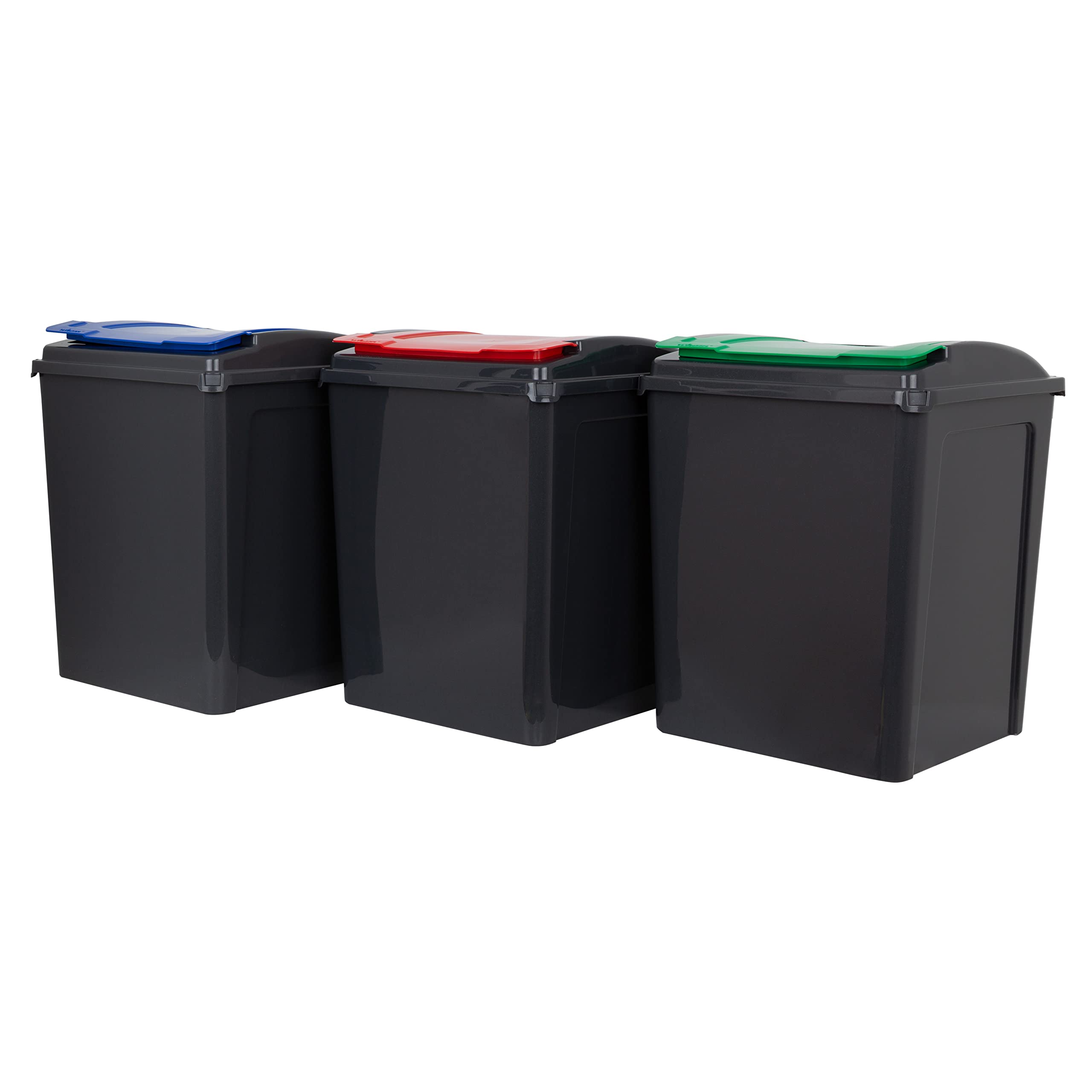 Wham 3 Piece 50L Plastic Recycle Bin Graphite/Assorted (Red/Blue/Green Lids)