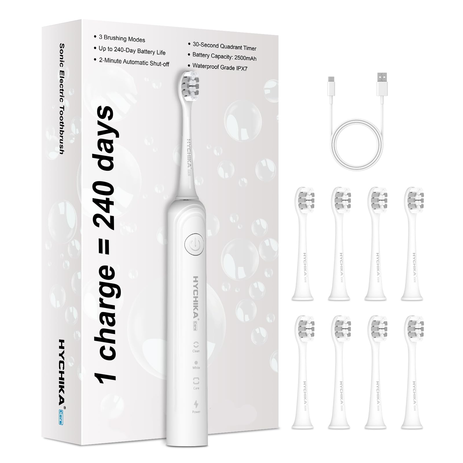 240 Tagen Akkulaufzeit Elektrische Zahnbürste für Erwachsene,8 Ersatzbürstenköpfe, wiederaufladbare Akku-Zahnbürste, 3 Modi, 2-Minuten-Timer, IPX7 wasserdicht, Geschenk für die Familie, weiß