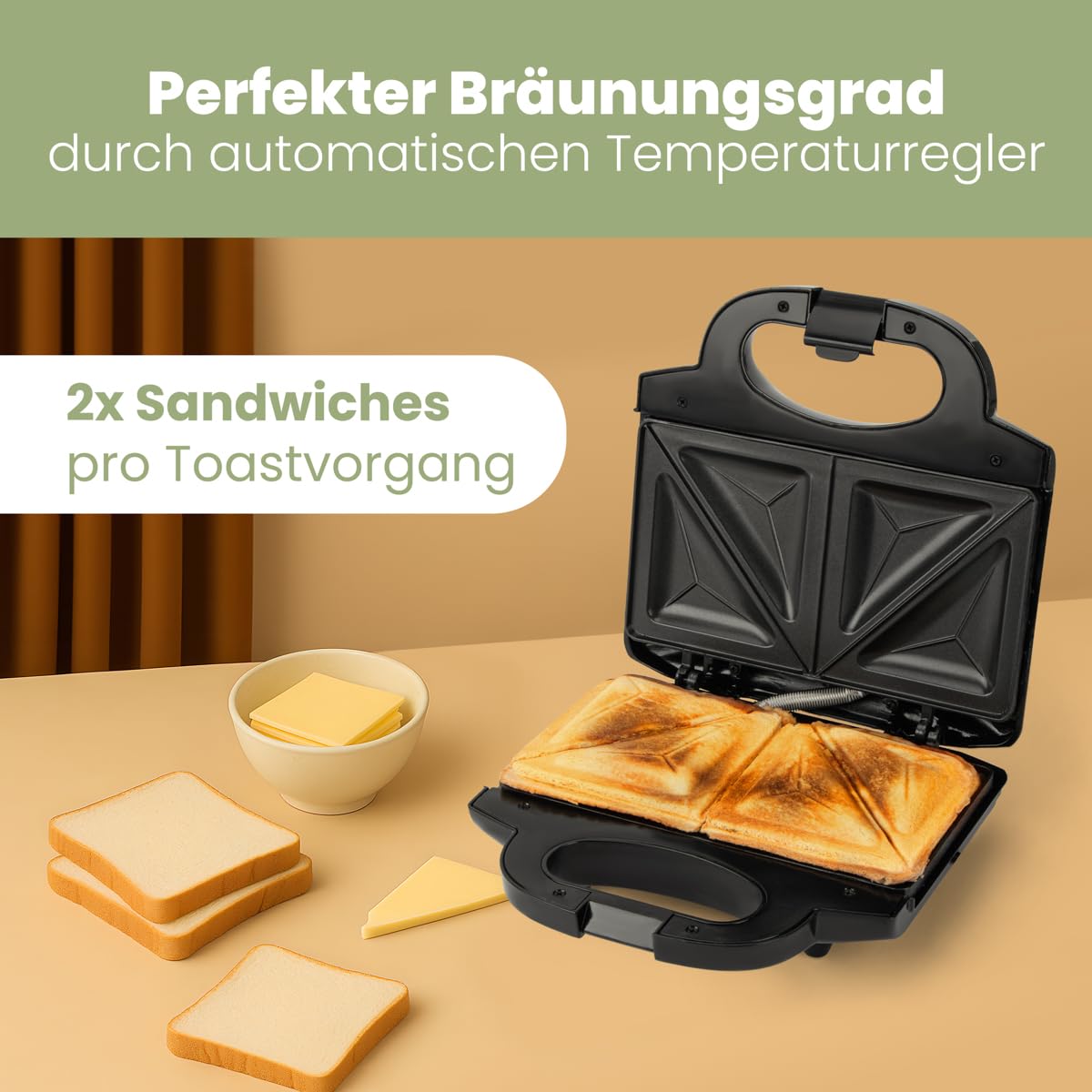 Clatronic ST 3778 Sandwichmaker I elektrischer Sandwichtoaster I Sandwich-Maker mit dreieckigen Sandwichplatten antihaftbeschichtet I automatischer Temperaturregler I 750 Watt I Schwarz/Edelstahl