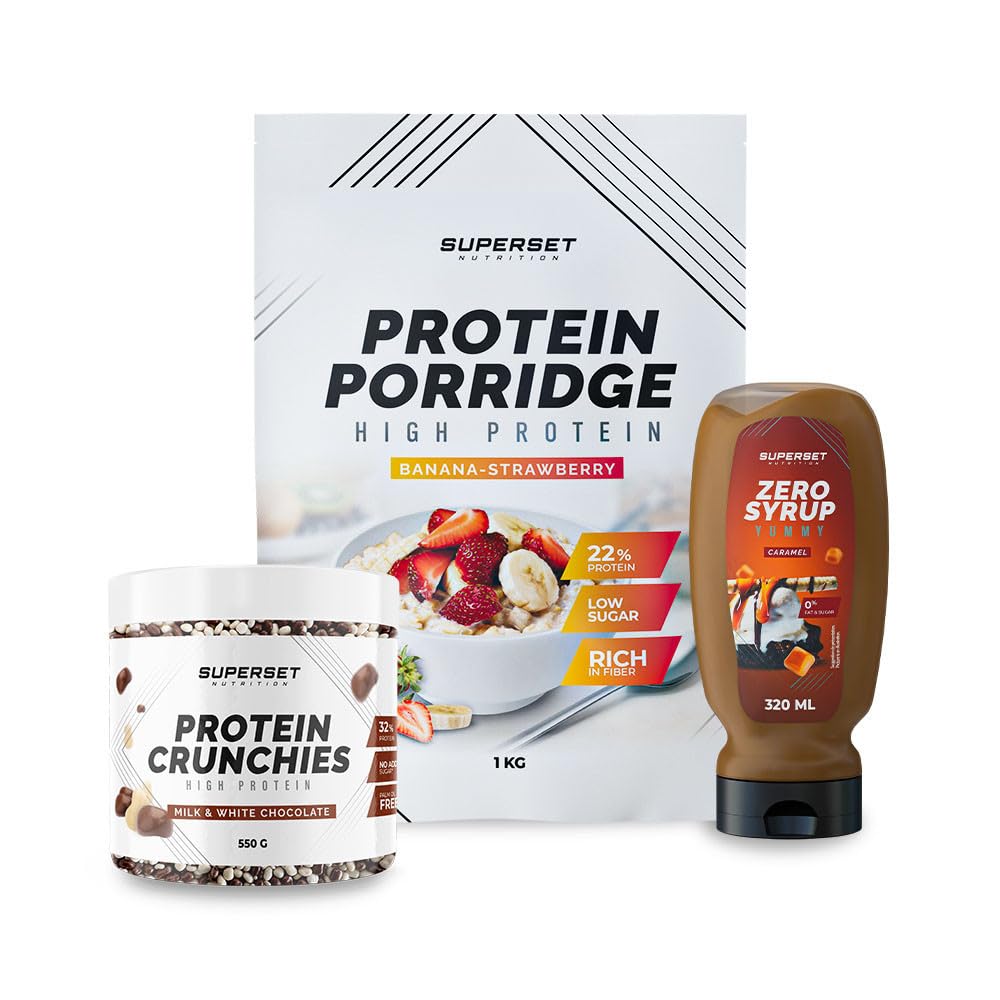 Superset Nutrition - Pacchetto Colazione - Porridge - Crunchies Di Proteine Cioccolato Al Latte E Bianco + Zero Syrup Caramello - I must per la colazione!