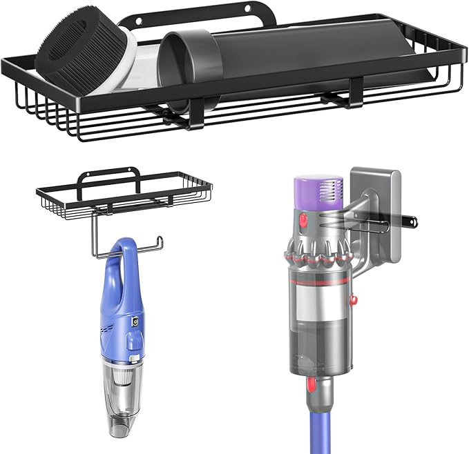 Vacuum Holder Wall Mount, Cordless Vacuum Wall Mount Holder for Handheld & Stick Vacuums Accessories, Heavy Duty Metal Vacuum Stand with Storage (Black)