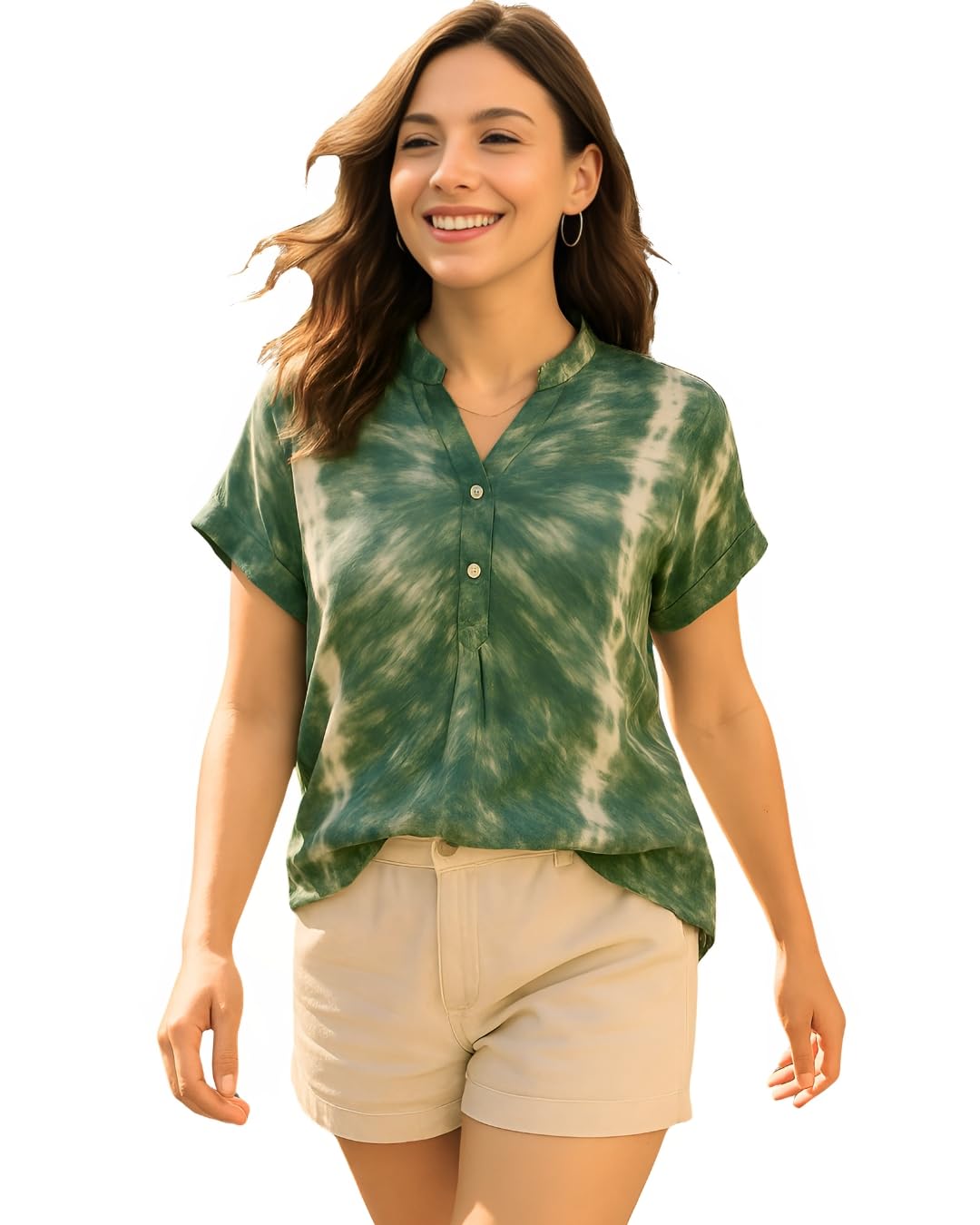 Women Green Handcrafted Tie-Dye Rayon Loose Fit Top | Mandarin Collar | Short Sleeves | Lightweight & Breathable Fabric | Casual Wear & Office Wear (Available in S–3XL)