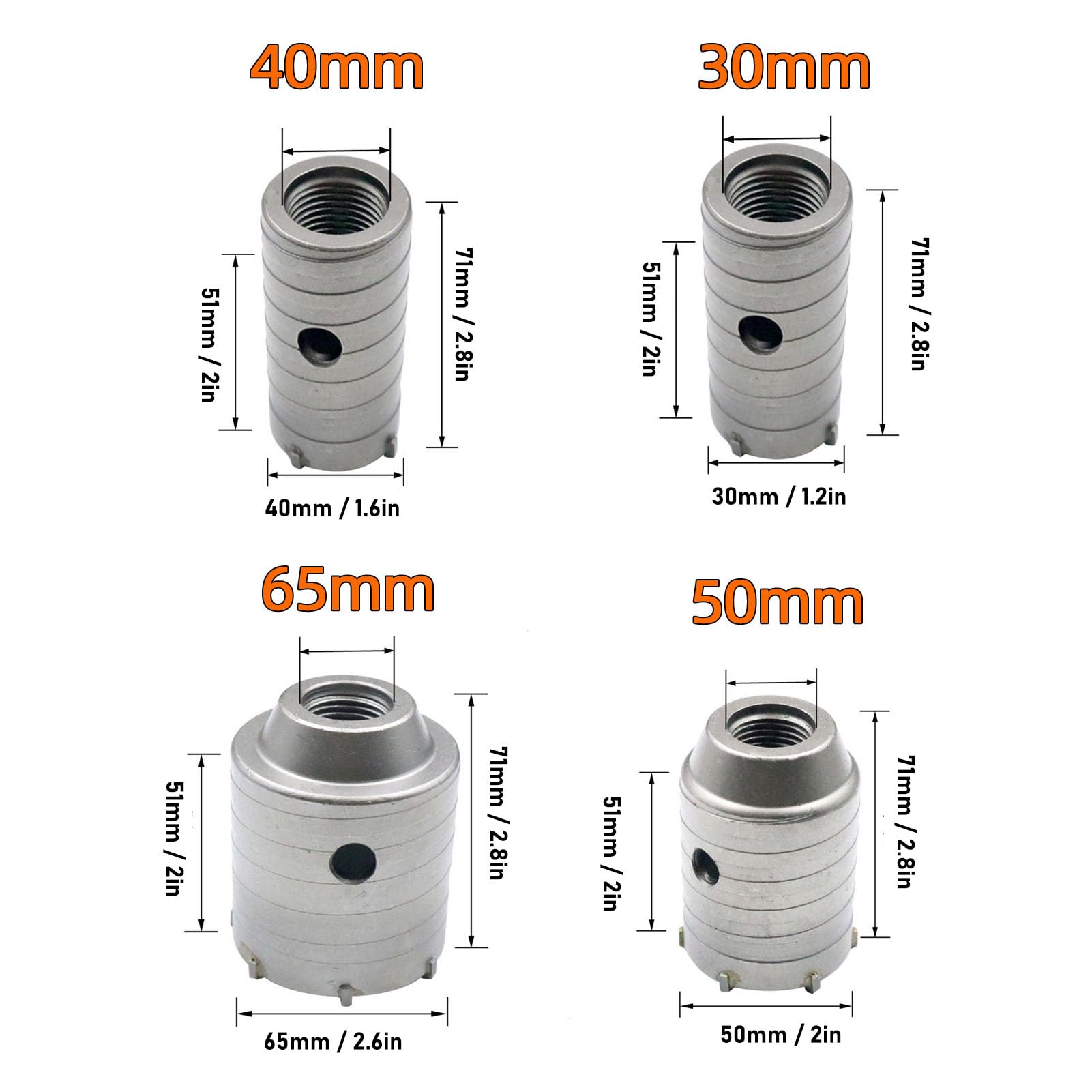 Kit a tazza in carburo per carichi pesanti per foratura di muri di mattoni in cemento 30mm 40mm 50mm 65mm con 3 punte SDS PLUS Set di fori professionali per lavori di muratura