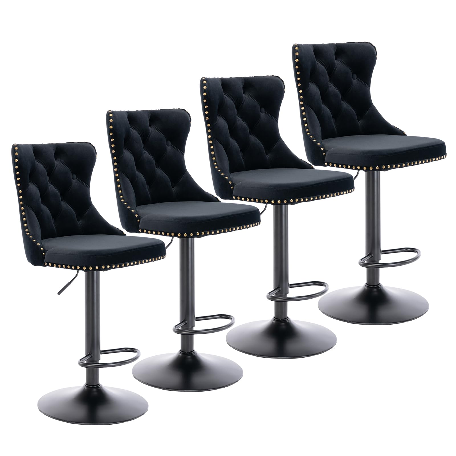 i-POOKSwivel Bar Stools Set of 4, Adjustable Counter Height Barstools with Nailheads Trim, Button Tufted Back and Black Footrest, Velvet Bar Chairs for Dining Room Home Bar Kitchen Island, Black