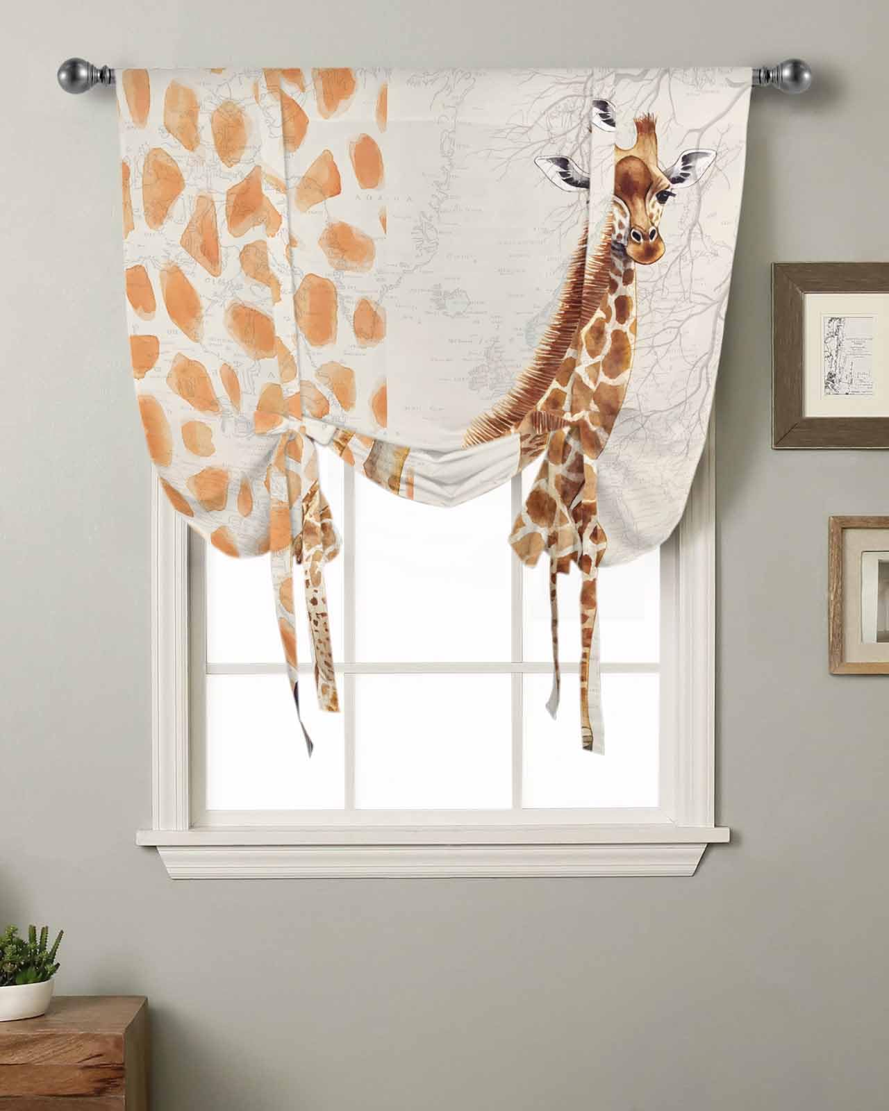 Tie Up Curtains for Windows Vintage African Giraffe Rod Pocket Tie-Up Window Shade Adjustable Balloon Curtain Valance Retro Animal Art for Bedroom Kitchen Bathroom Blinds,42x45in