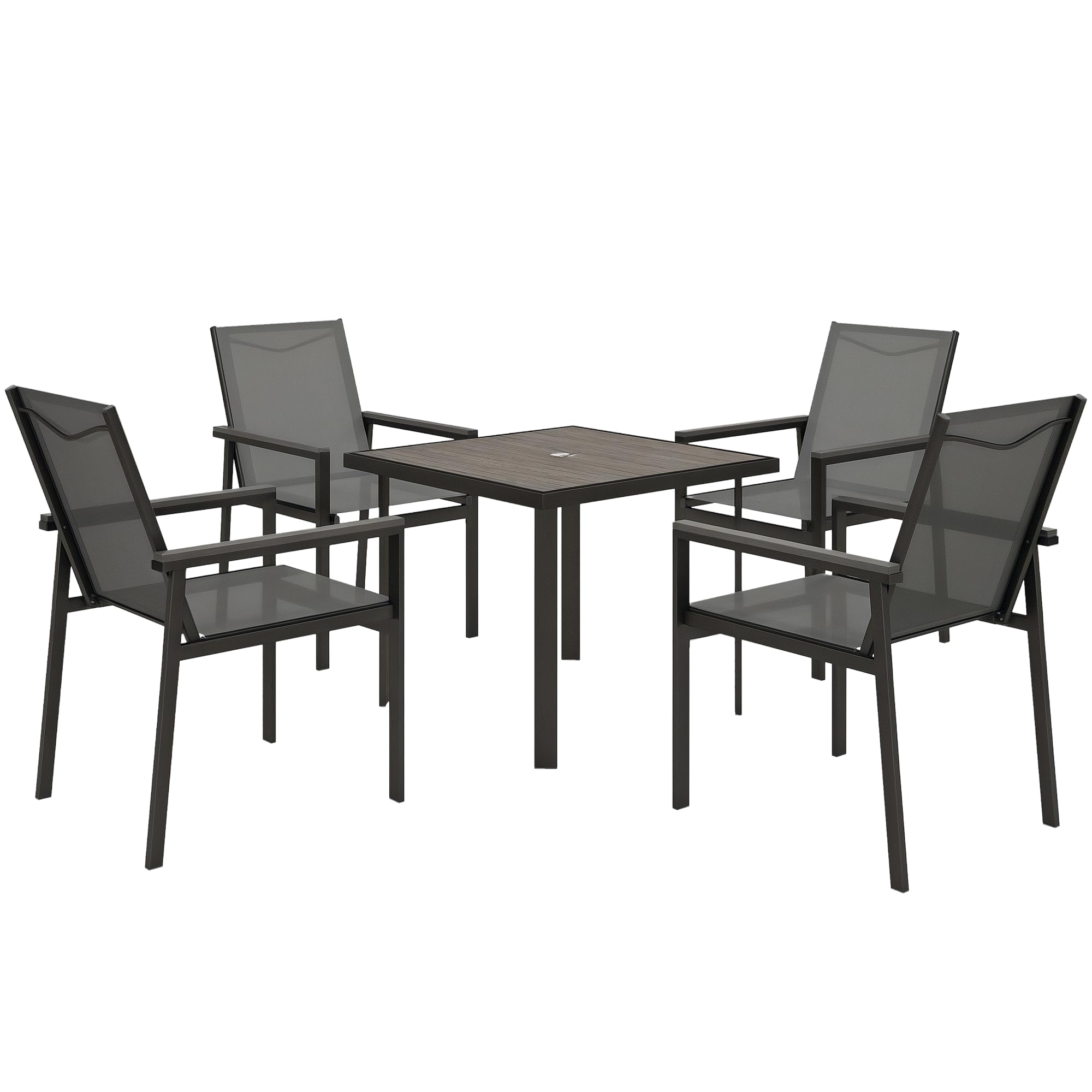 Outsunny 5 Piece Garden Dining Set, 4 Seater Metal Garden Furniture Set, Outdoor Table and Chairs with Wood-Effect Glass Top, Texteline Seats, Decorative Armrests for Patio, Balcony, Terrace, Grey