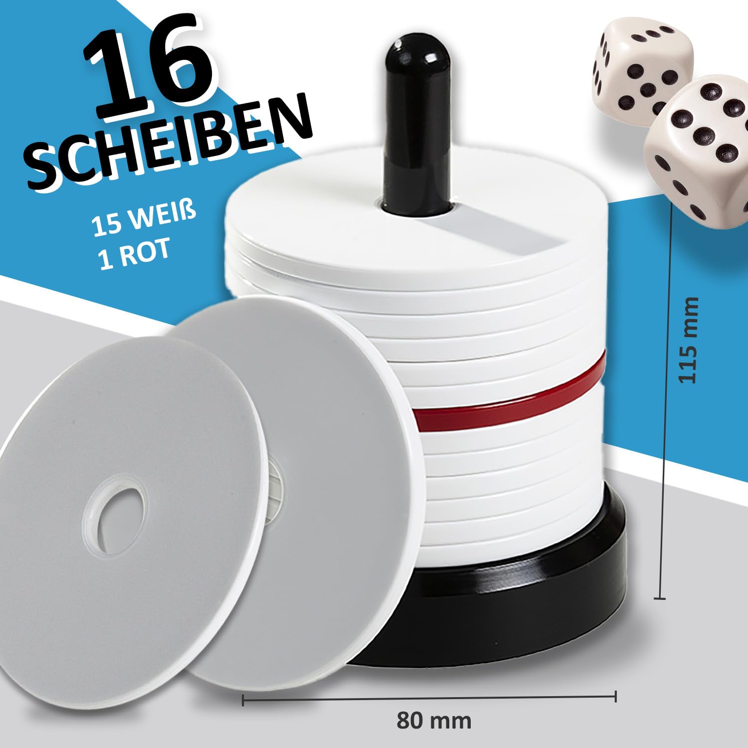 My Plast Schockbesteck Schocken Set mit 16 Scheiben - 15 Gelb 1 Rot - Schock Besteck zum Knobeln, Meiern, Mörkeln, Jule, Maxen - Hochwertiger Würfelspiel Knobelspiel Schockturm aus Kunststoff