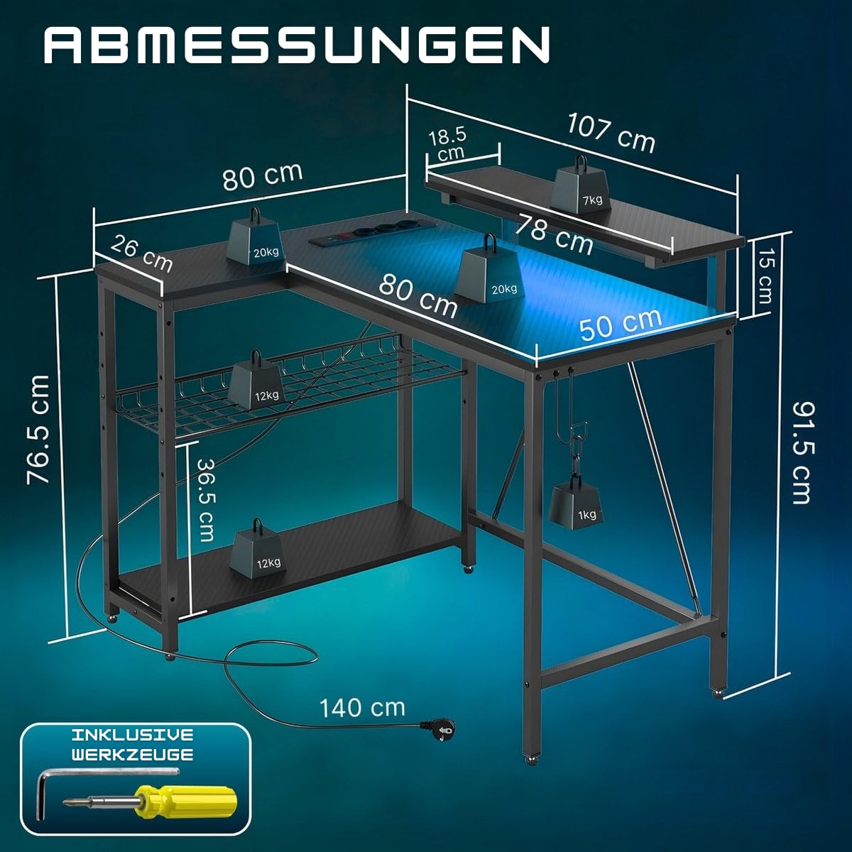 Five Stars® L-förmiger Gaming Schreibtisch - Computertisch - 107x80x76 cm - Gaming-Schreibtisch mit LED-Beleuchtung - Eckschreibtisch - Schwarz Carbon