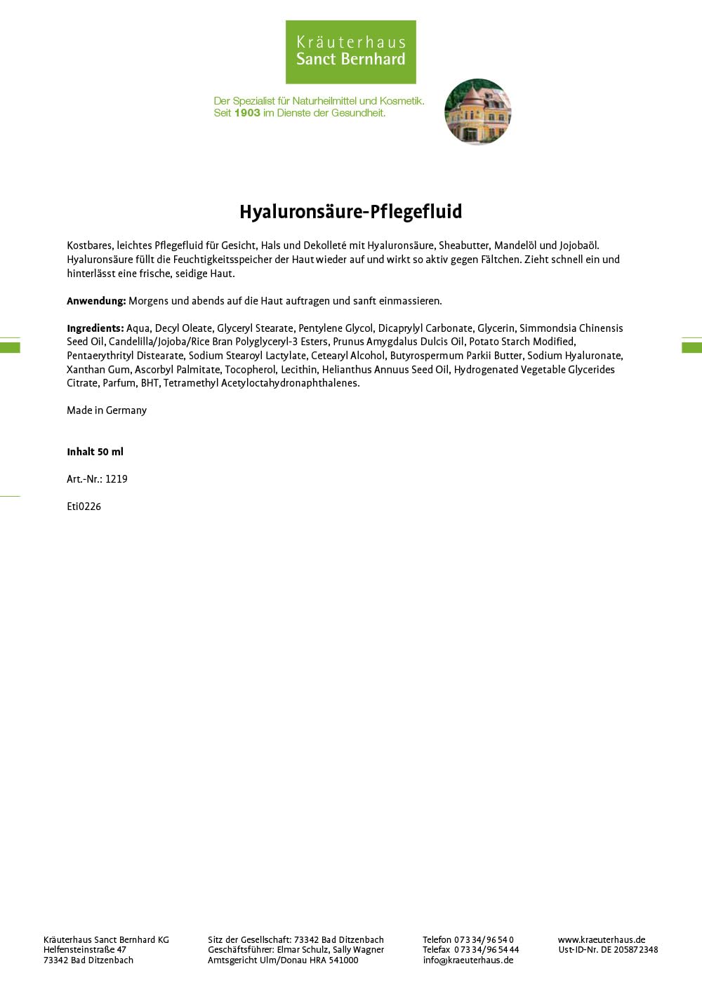 Sanct Bernhard Hyaluronsäure-Pflegefluid für Gesicht, Hals und Dekolleté, mit Sheabutter, Mandelöl, Jojobaöl 50 ml