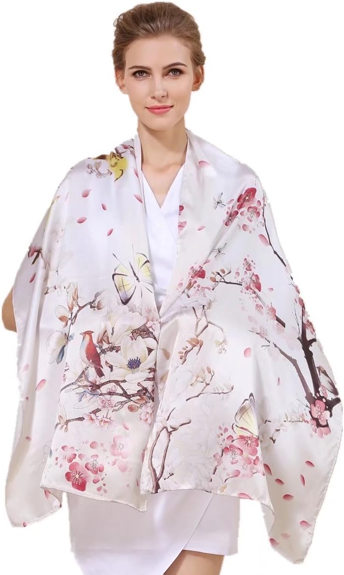 Women's 100% Charmeuse Mulberry Silk Long Scarf For Gift Hair Ladies Shawls Floral And Butterfly Scarves