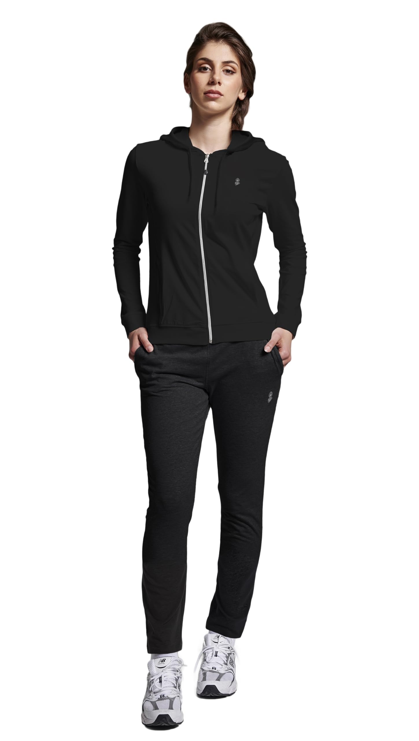 Combinaison de sport à la mode pour femme/complète avec sweat à capuche et pantalon avec poignets, noir léger, taille XL, Noir doublé, XL