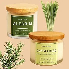 Kit 2 Velas Aromáticas Perfumadas, Lavanda e Vanilla (Baunilha), Natural, 100g Cada, Pote de Vidro com Tampa de Madeira, 20 Horas | cuore Studio (Alecrim e Capim Limão)