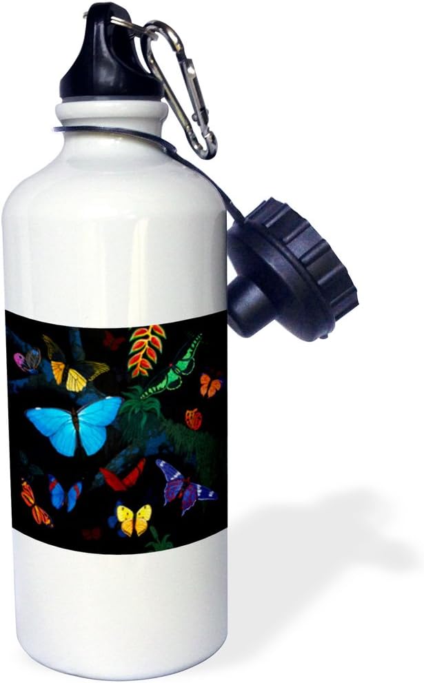 3dRose "RAINFOREST BUTTERFLIES" Sports Water Bottle, 21 oz, White