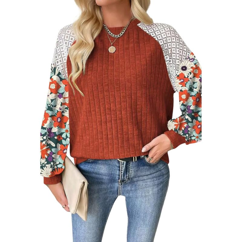 Women's Floral Patchwork Sweater | Long Sleeve Loose Fit Round Neck Ribbed Winter t-Shirt