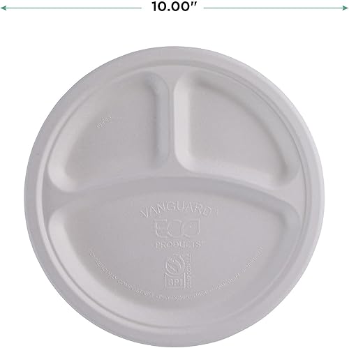 Miniatura 3 de ECO PRODUCTS Vanguard - Platos de papel compostables de 3 compartimentos de 10 pulgadas, caja de 500, fibra moldeada blanca desechable, redondos,