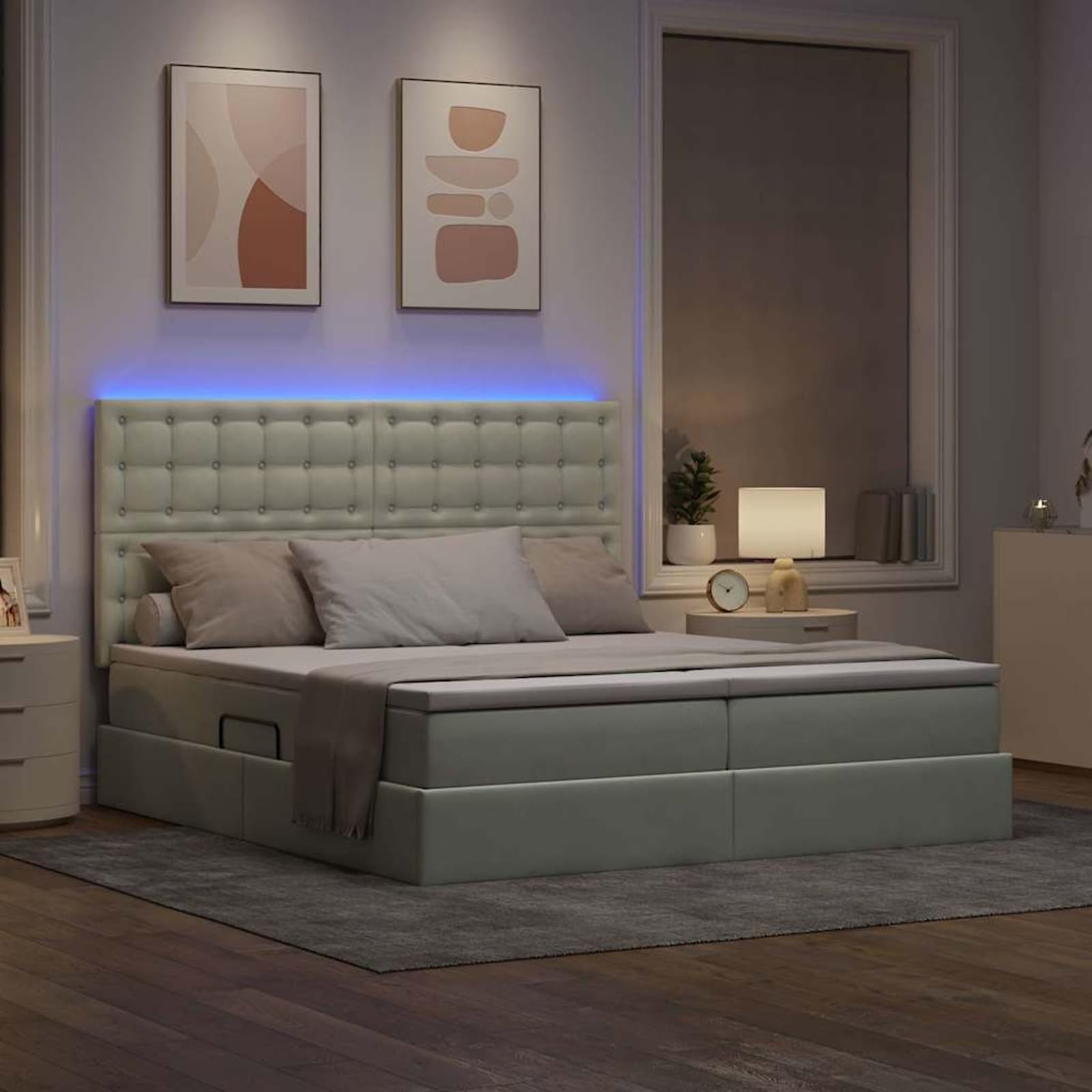 Fasba Cama de Almacenamiento con elevación hidráulica y Luces LED - Tamaño 200x203 cm, Color Gris Claro, Material Terciopelo Modelo FCZJ-3372911ES