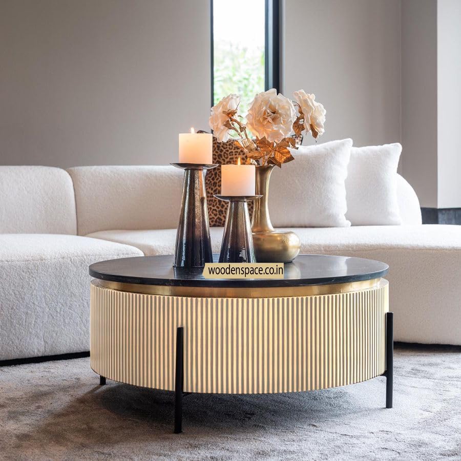 Image of WOODEN SPACE Premium Luxury Nazaara Marble-Top Coffee Table with Iron Legs & PVD Coating | Modern Round Wooden Center Table for Living Room & Entryway