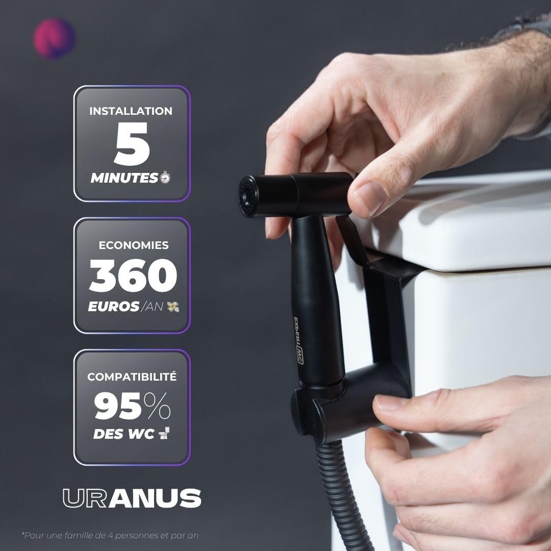Douchette WC Anti-Fuite Noire - Marque Française - Kit Complet Bidet Hygiénique avec Robinet 3 Voies, Pistolet, Flexible et Support - Jet Réglable Haute Pression - Brevet Déposé