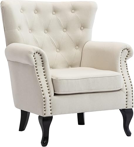 Miniatura 4 de DM Furniture Silla decorativa de mediados de siglo, moderna con botones copetudos, silla de club con respaldo alado, sofá individual de terciopelo