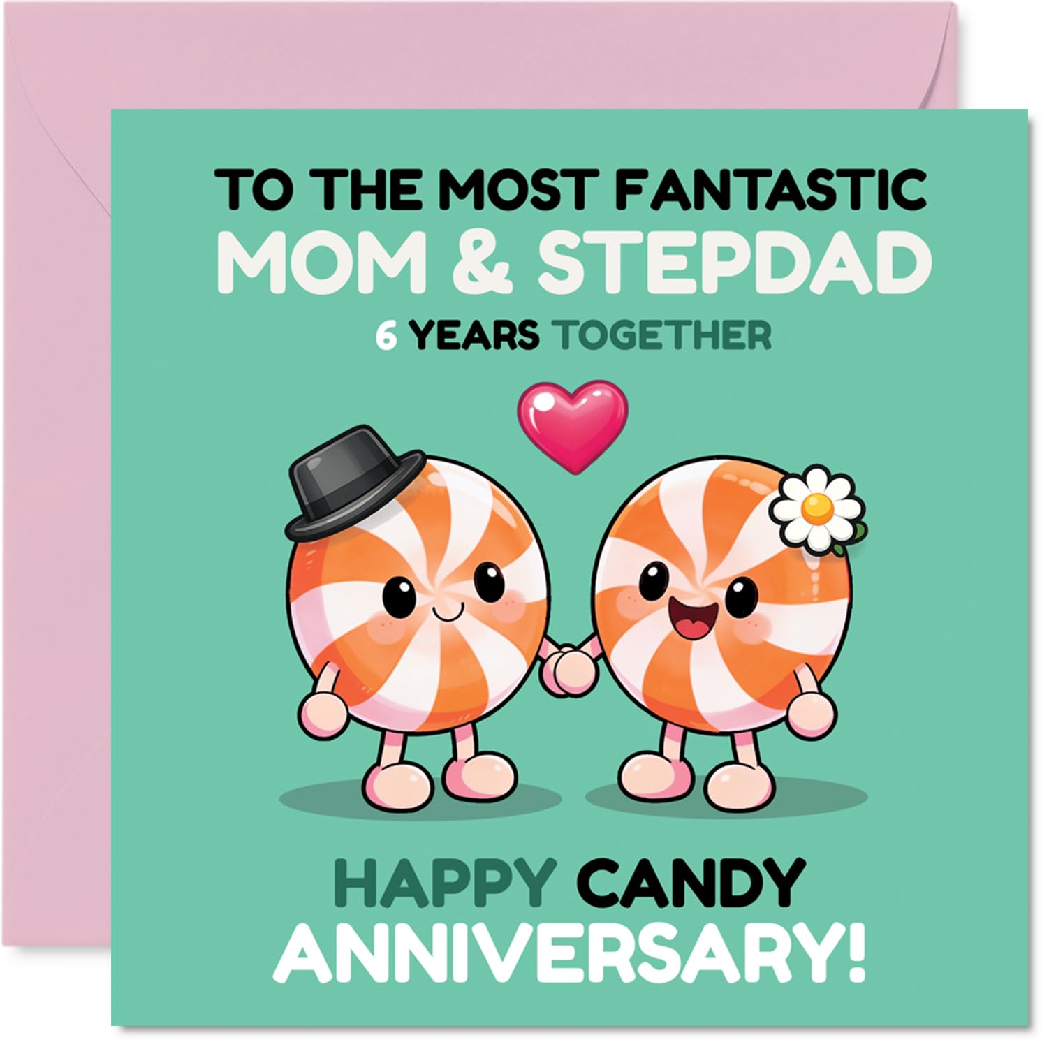 Playful 6th Anniversary Card for Stepdad & Mum - Bursting with Joy - Cute Cartoon Candy Celebration Design - 145mm Square, Envelope Included