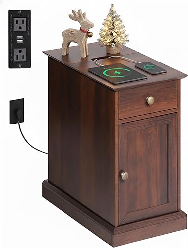 Miniatura 7 de WLIVE Mesa auxiliar de madera con cajón de almacenamiento y gabinete, mesa auxiliar con tapa abatible, mesitas de noche para sala de estar