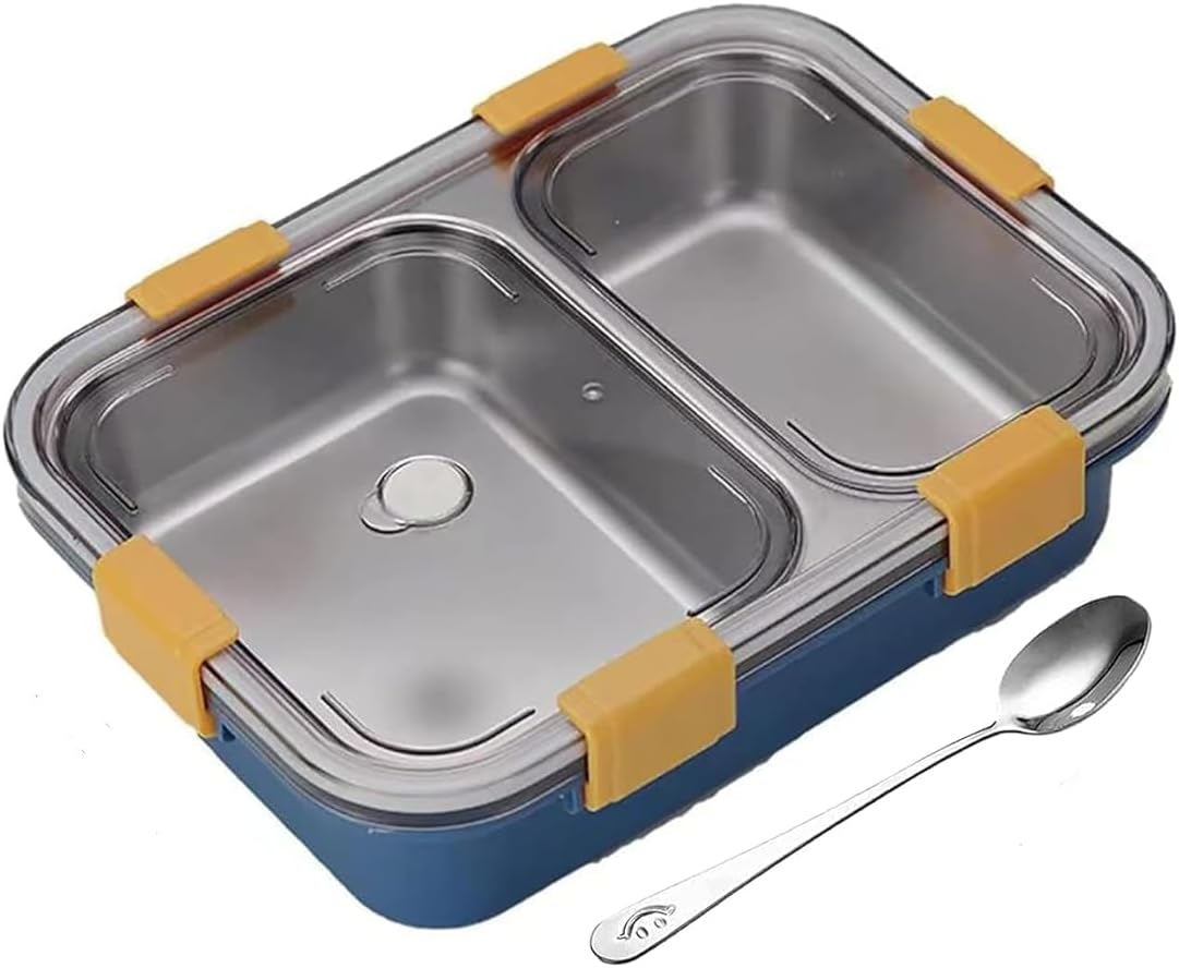 Darkpyro Premium Stainless Steel Lunch Box with 2 Compartment | BPA-Free Plastic Outer Body with Secure Locking Clips & Transparent Lid | Ideal for Office, School, College & Travel | Blue Color