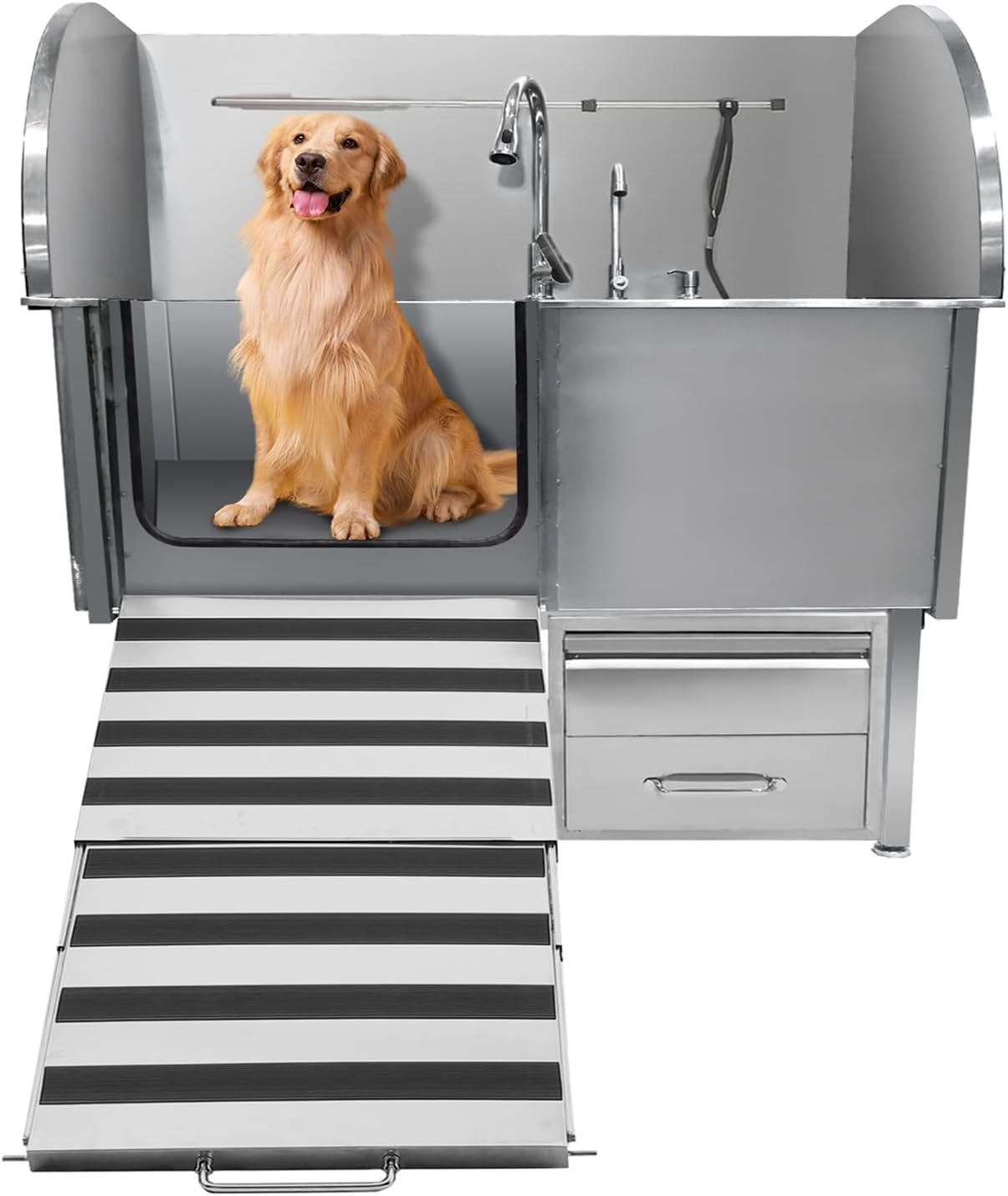 Professional Dog Grooming Tub, 50 in Stainless Steel Dog Wash Station With Foldable Ramp, Storage Drawer, Floor Grate & Faucet/Dog Bathtub for Large, Medium & Small Pets - Left Door (50 in )