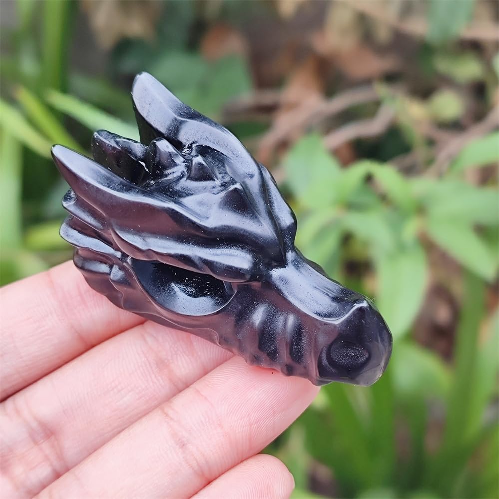 TEAMWILL 2" Natural Obsidian Crystal Dragon Head Statue Realistic Black Dragon Head Figurines Animal Sculpture Stone Statue Decor