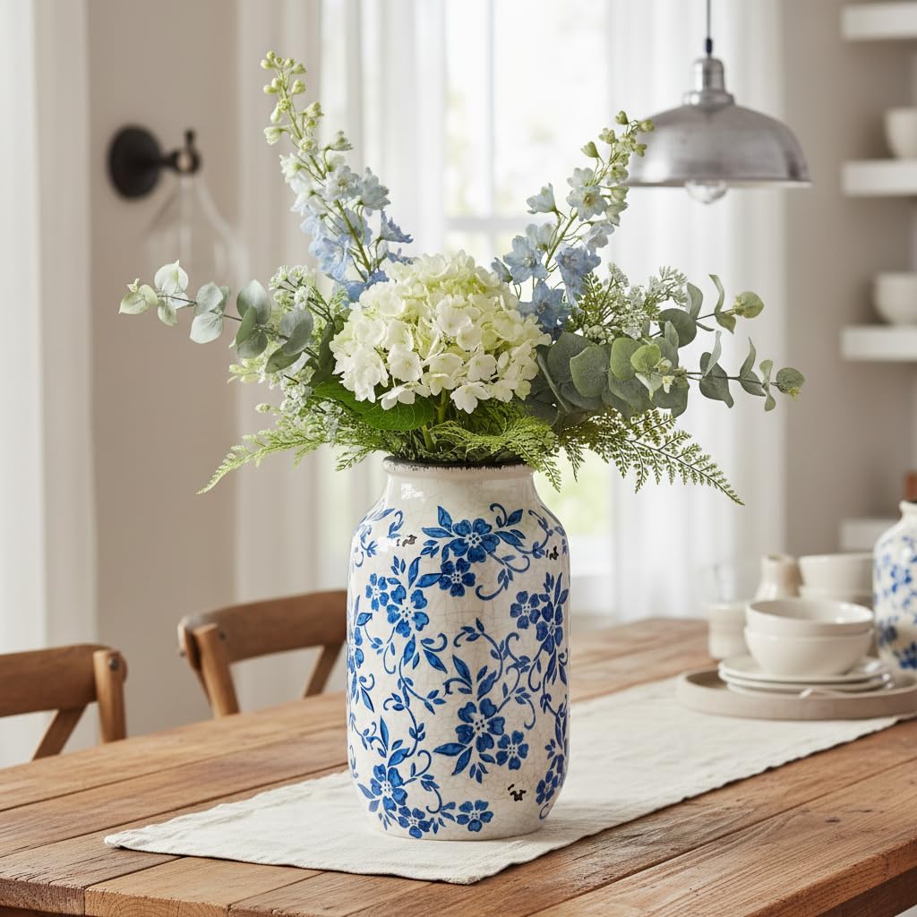 Blue and White Ceramic Vase for Flowers,9 inch Rustic Vintage Chinoiserie Vases Home Decor, Farmhouse Decor, Shelf, Living Room, Bedroom, Table Decoration - Image 4