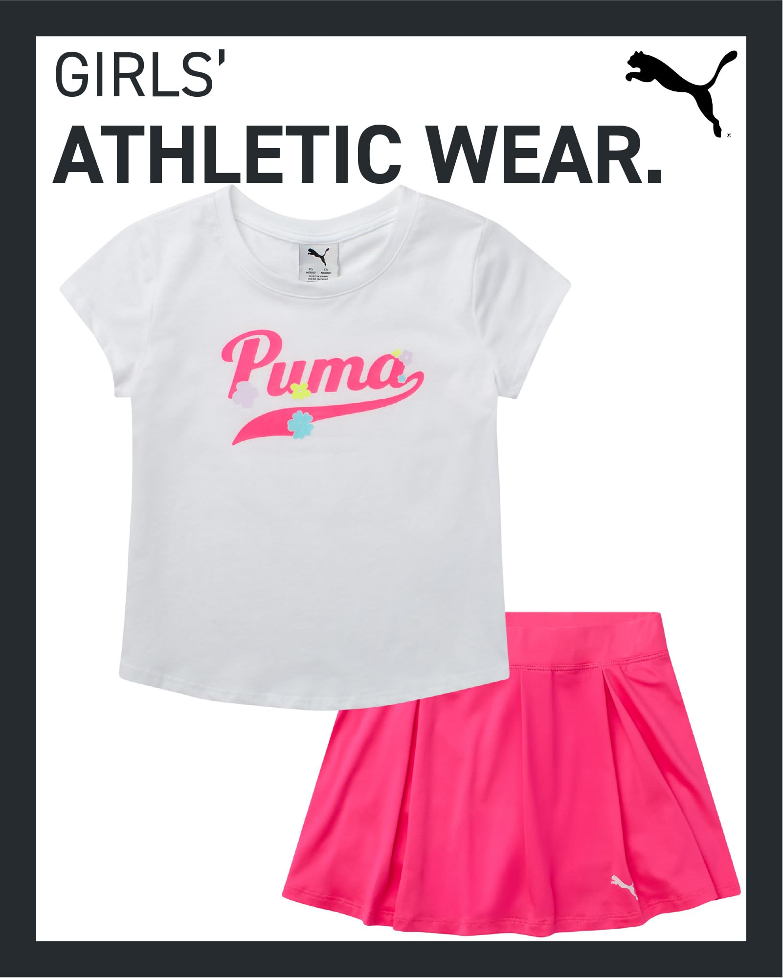 PUMA Conjunto de falda activa para niñas, falda deportiva de 2 piezas y camiseta deportiva de manga corta, conjunto deportivo de verano para niñas (7-14)