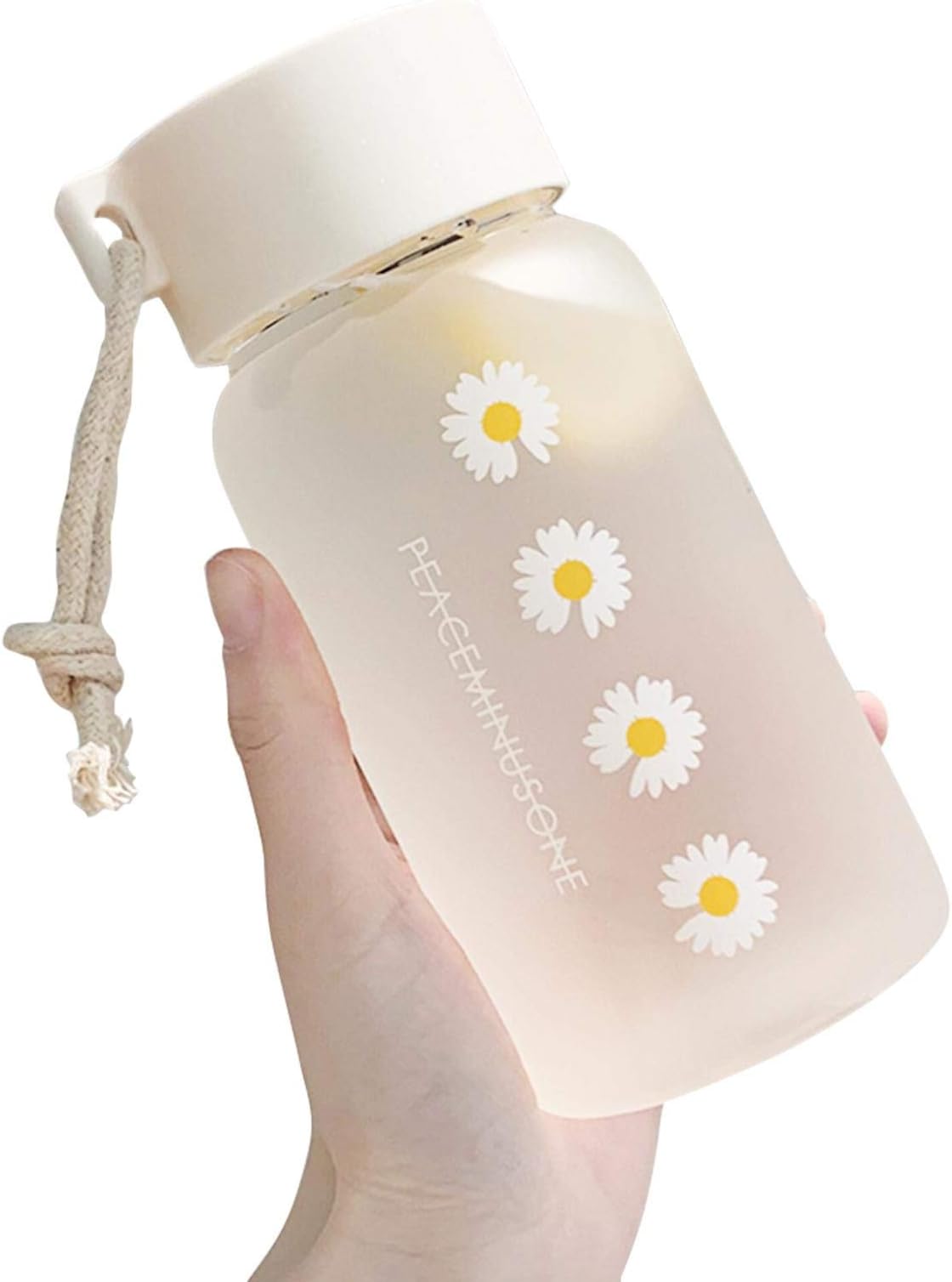 Small Daisy Water Bottles, 500ml Plastic Transparent Frosted Water Bottle, BP-A Free, Portable Reusable Leak-Proof Water Bottle With Rope for School Travel(Matte 4 Flower)