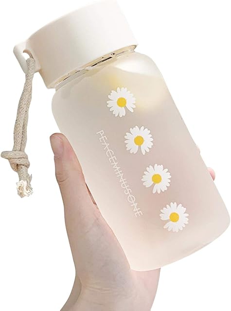 DASNTERED Small Daisy Water Bottles, 500ml Plastic Transparent Frosted Water Bottle, BP-A Free, Portable Reusable Leak-Proof Water Bottle With Rope for School Travel