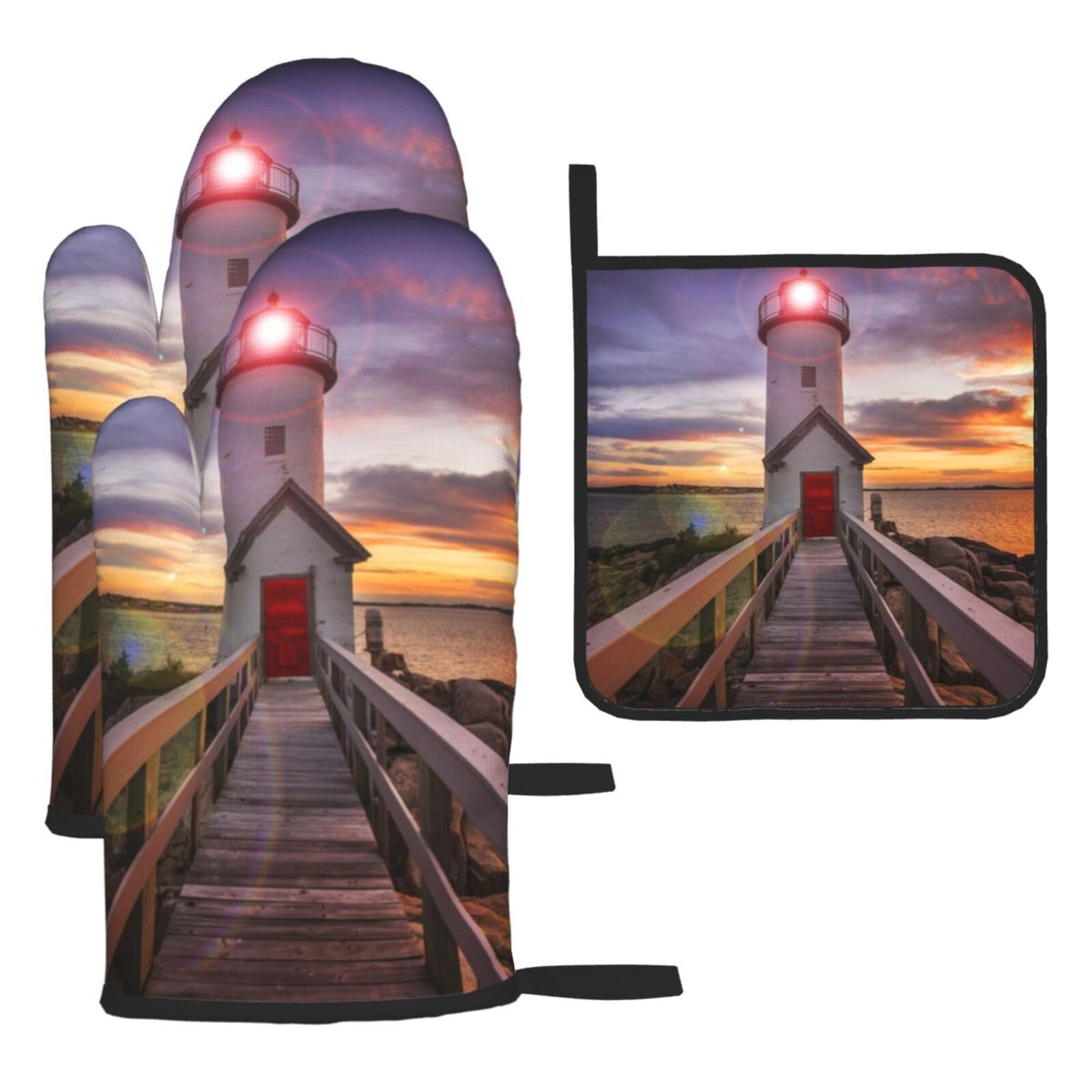 Lighthouse Print Oven Set Kitchen Gloves Baking Grilling Microwaving Cooking Gift Everyday Holiday